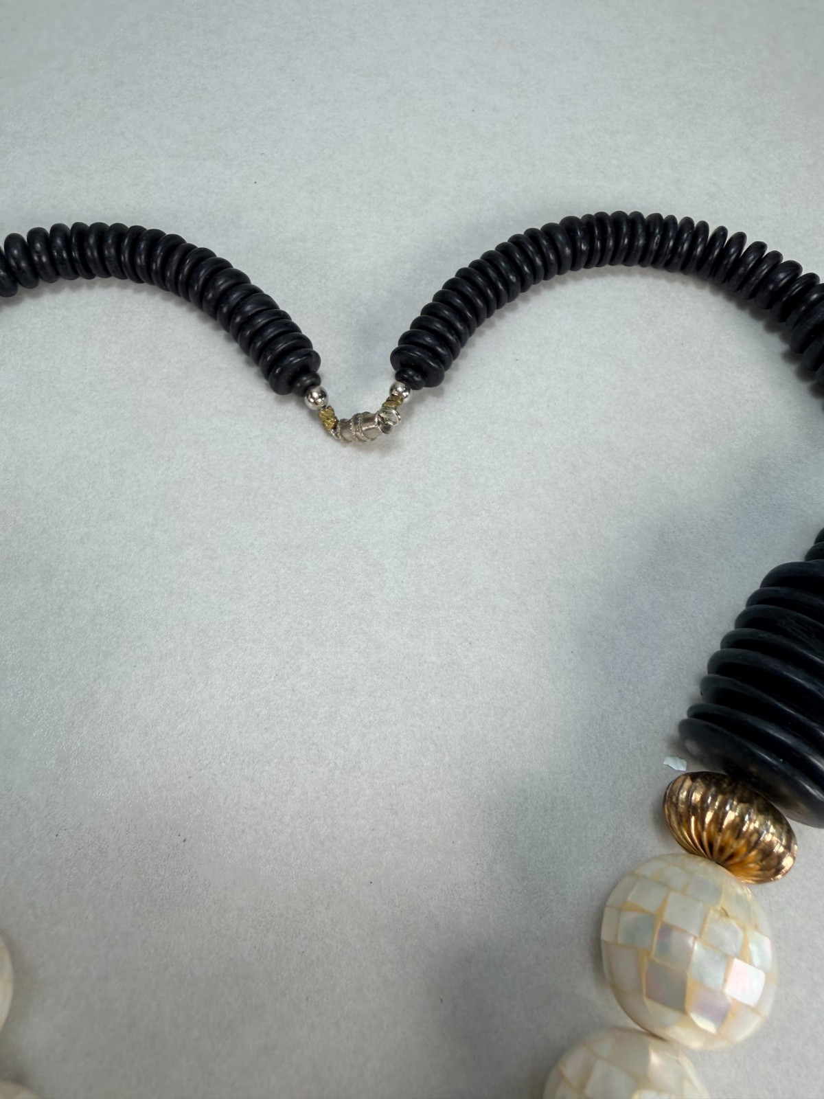 Vintage Stunning Mother Of Pearl Teardrop Pendant Necklace Black Bead Statement