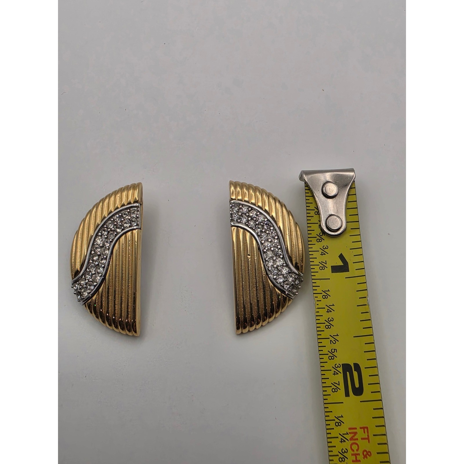 Givenchy Vintage Two Tone Gold Silver Rhinestone Ribbed Fan Clip On Earrings