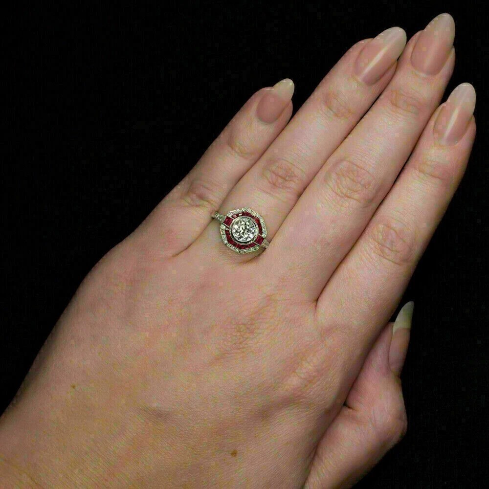 3.8Ct Art Deco Style Lab Created Diamond Ruby Engagement 14K White Gold FN Ring