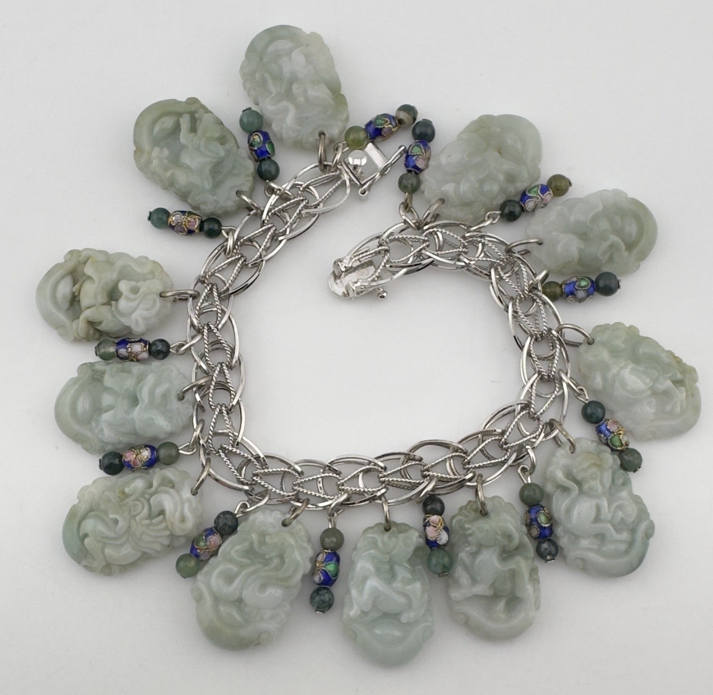 Vintage Chinese Carved Jade Bracelet Sterling Silver 12 Zodiac Animals RARE
