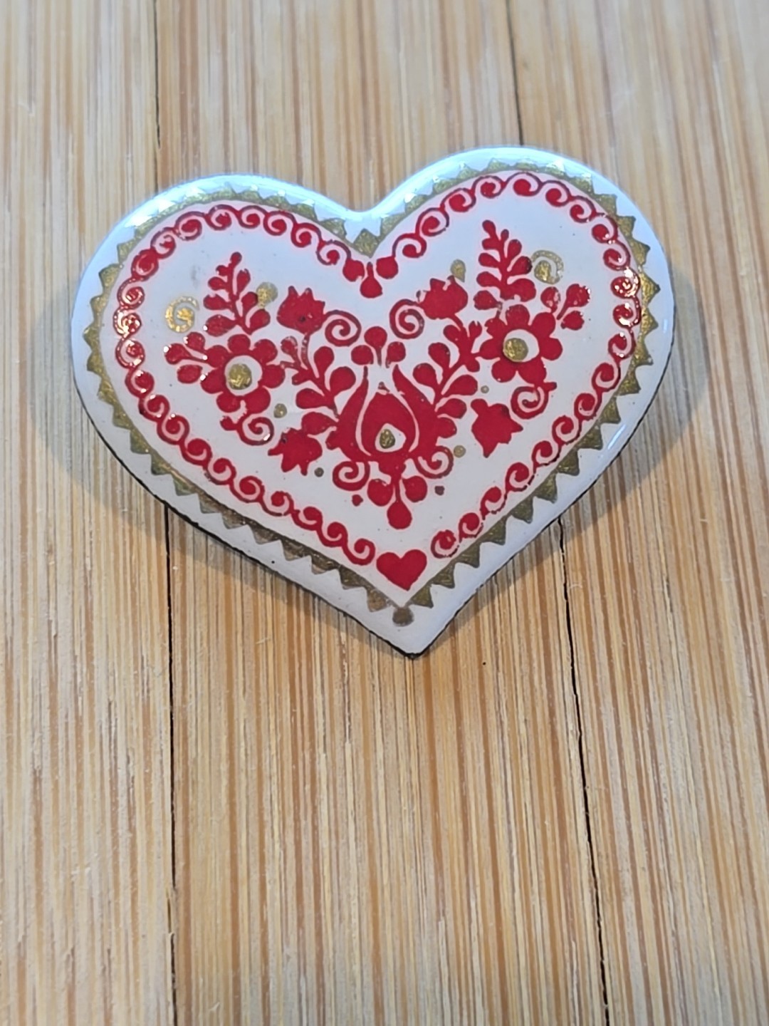 Vintage Austrian Enamel Folk Art heart Brooch White Red Gold
