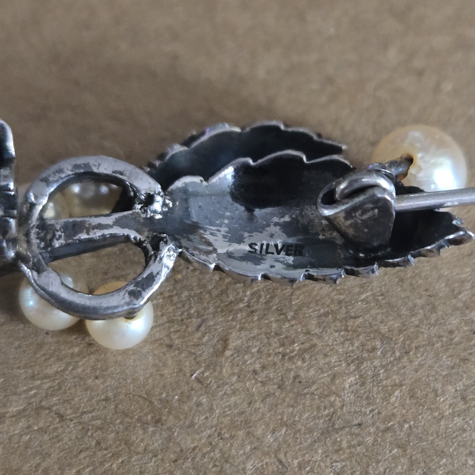 Vtg Japanese Export Sterling Silver Akoya Pearl Leaf Brooch Pin Mikimoto Style