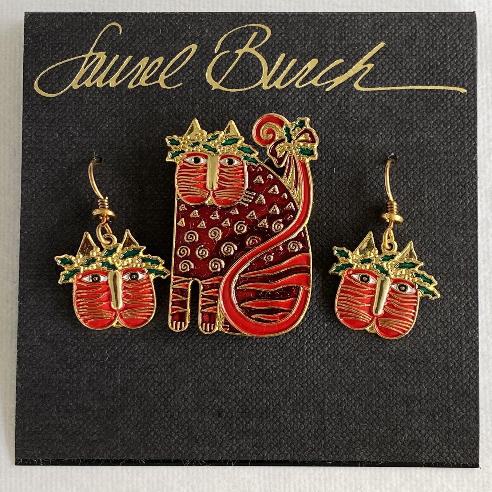 Laurel Burch Brooch and Earrings Set – Festive Feline – New Vintage Stock 1990’s