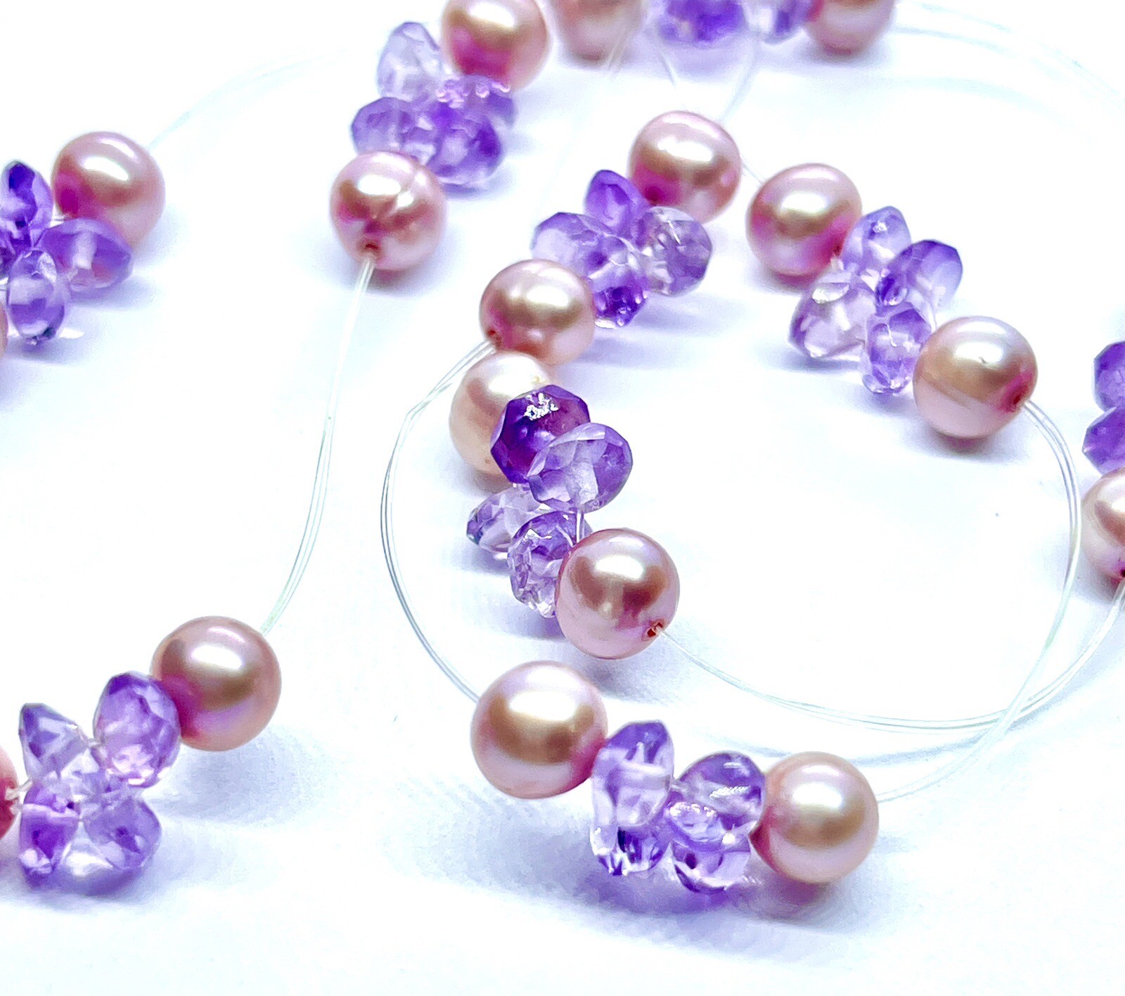 Vintage Sterling Silver Pink Creamy Pearl & Faceted Lilac Crystal Necklace 16”