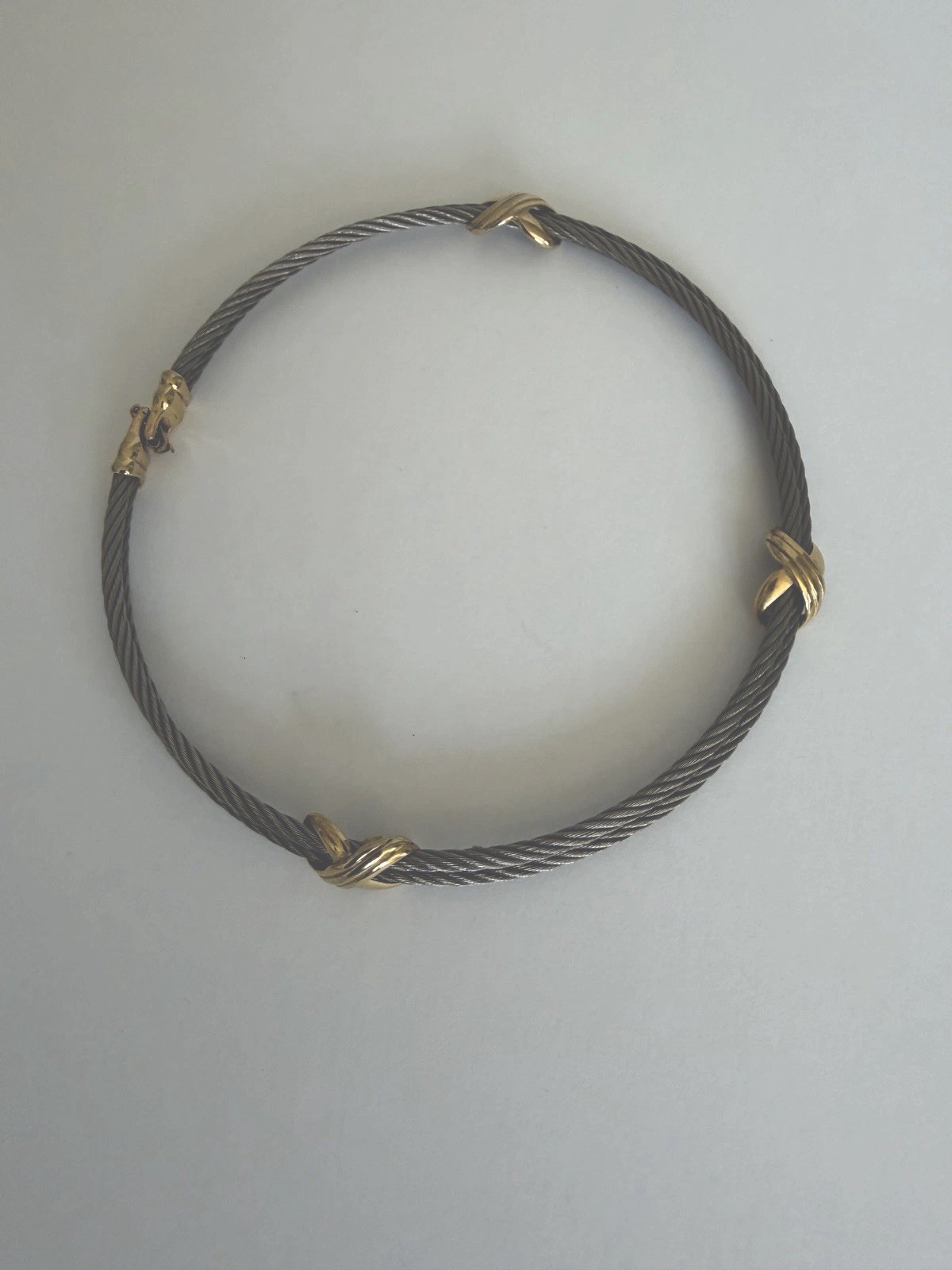 Vintage Two Tone Stainless Steel Twisted Cable Wire Choker Necklace Gold Tone X