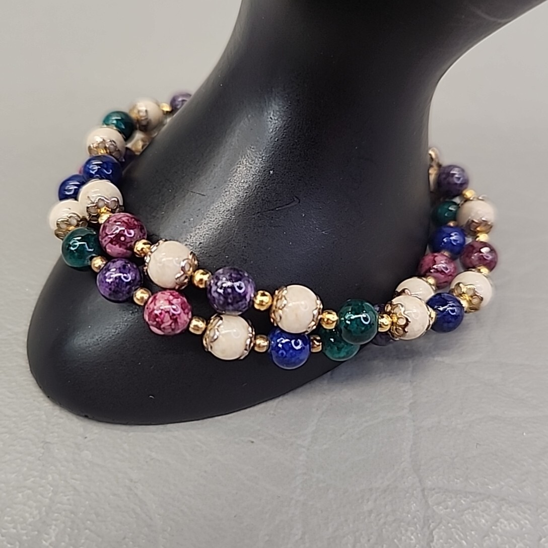 Glass Beaded Bracelet Lot of 2 Multicolor Green Blue Purple 8″