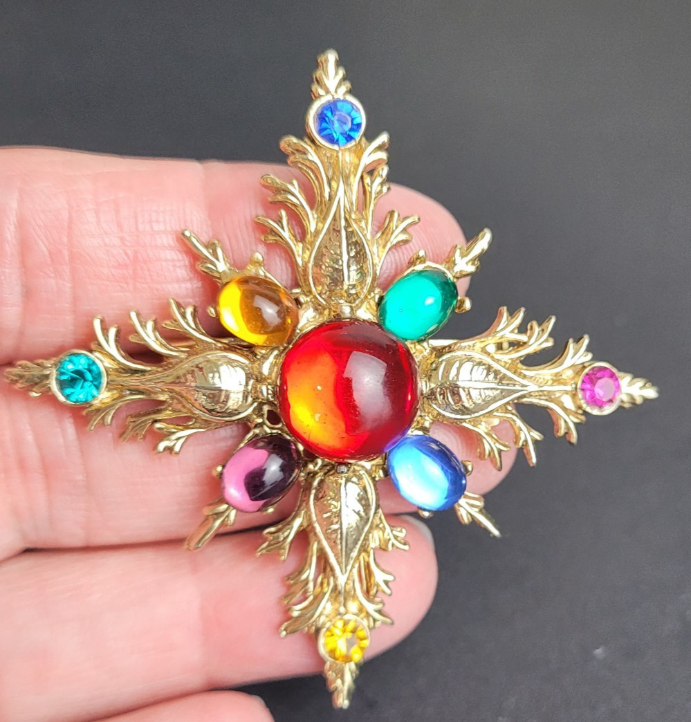 Vintage Maltese Cross Brooch Multicolored Cabochons Gold Tone 2.5″