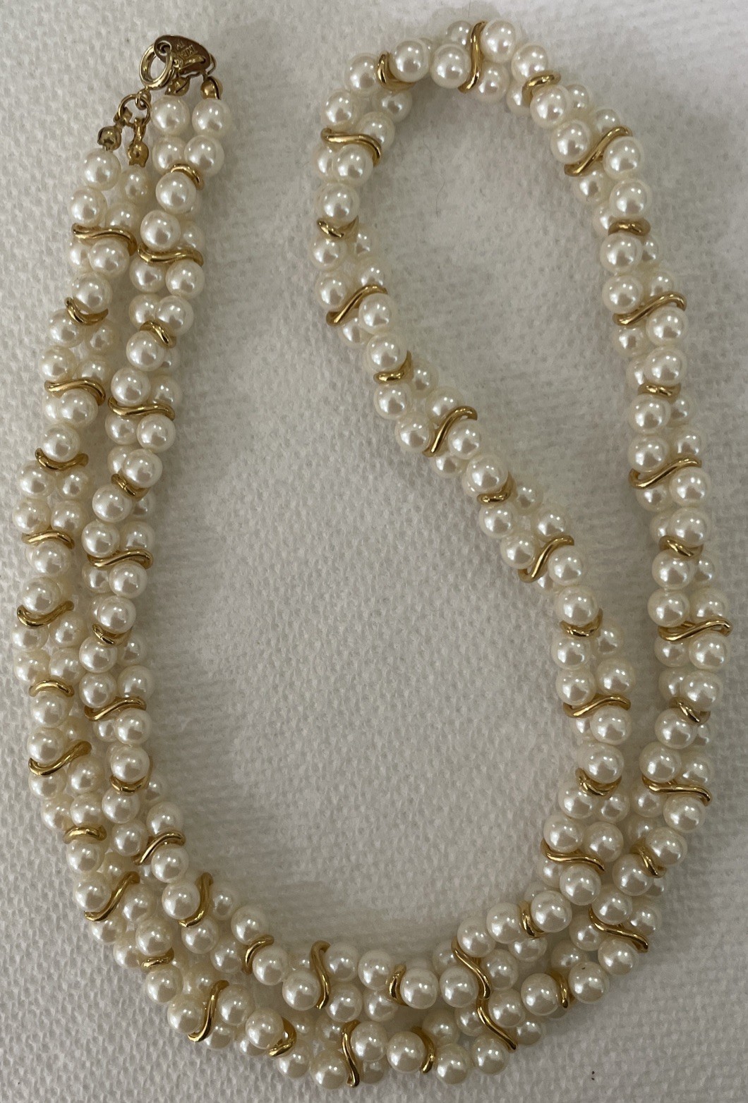 Vintage Trifari 1980s? Braided Faux Pearl Necklace Gold Tone Trim Excellent 28”