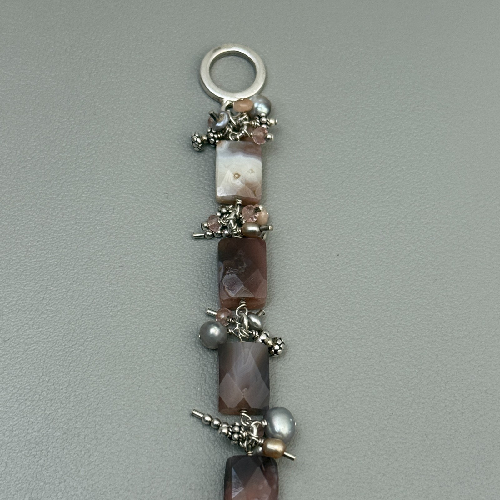 Artisan 925 Sterling Silver Banded Agate Pearl Bracelet Toggle Clasp 7″ Vintage