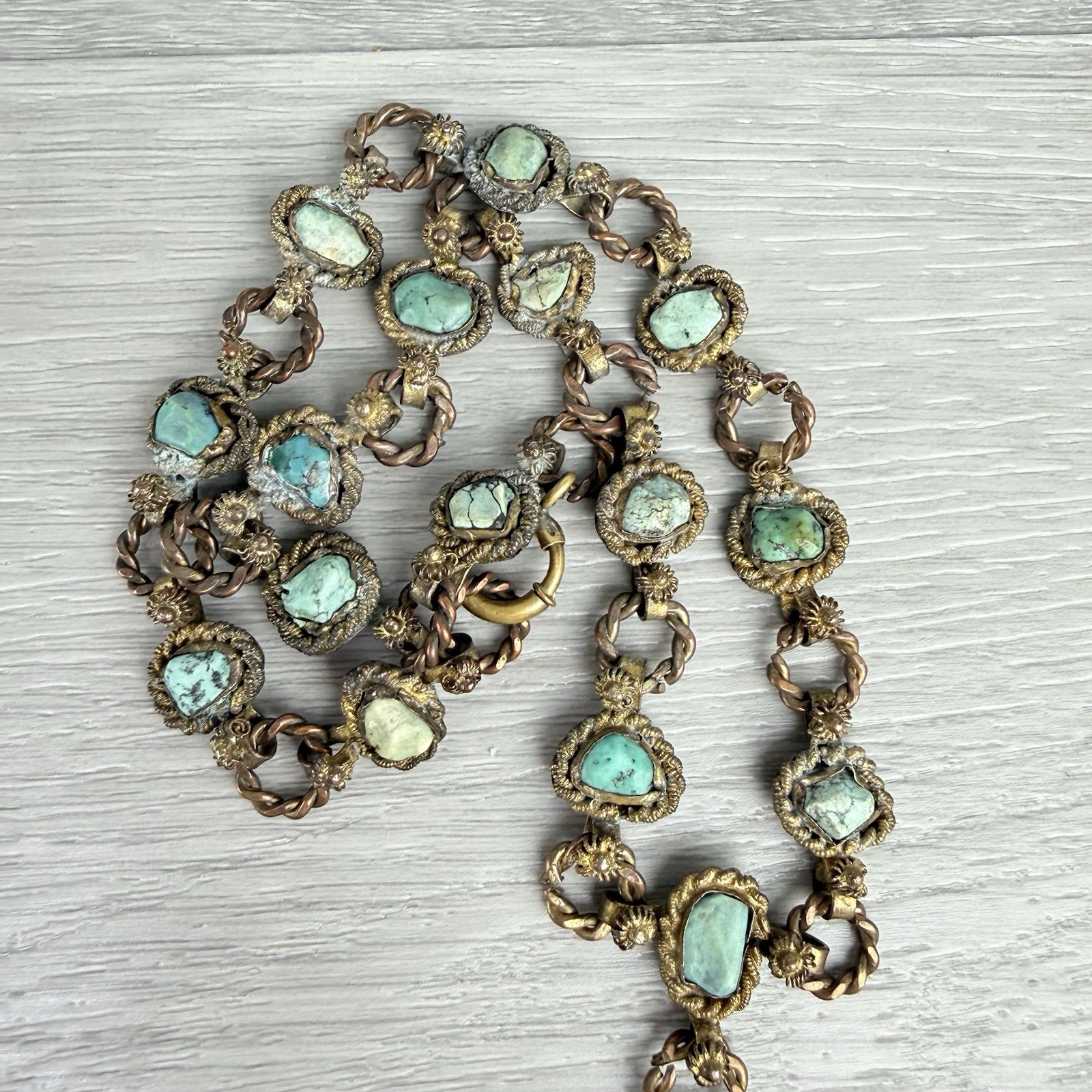Vintage Possibly Antique Chinese Import Filigree Turquoise Pendant Necklace