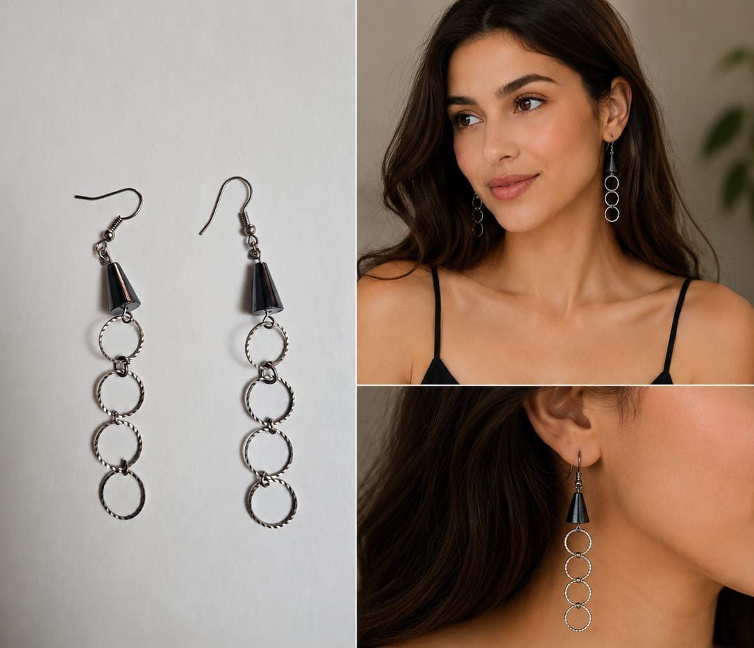 Vintage Silver Tone Hematite Dangle Earrings Long Open Circle Drop Boho Minimali
