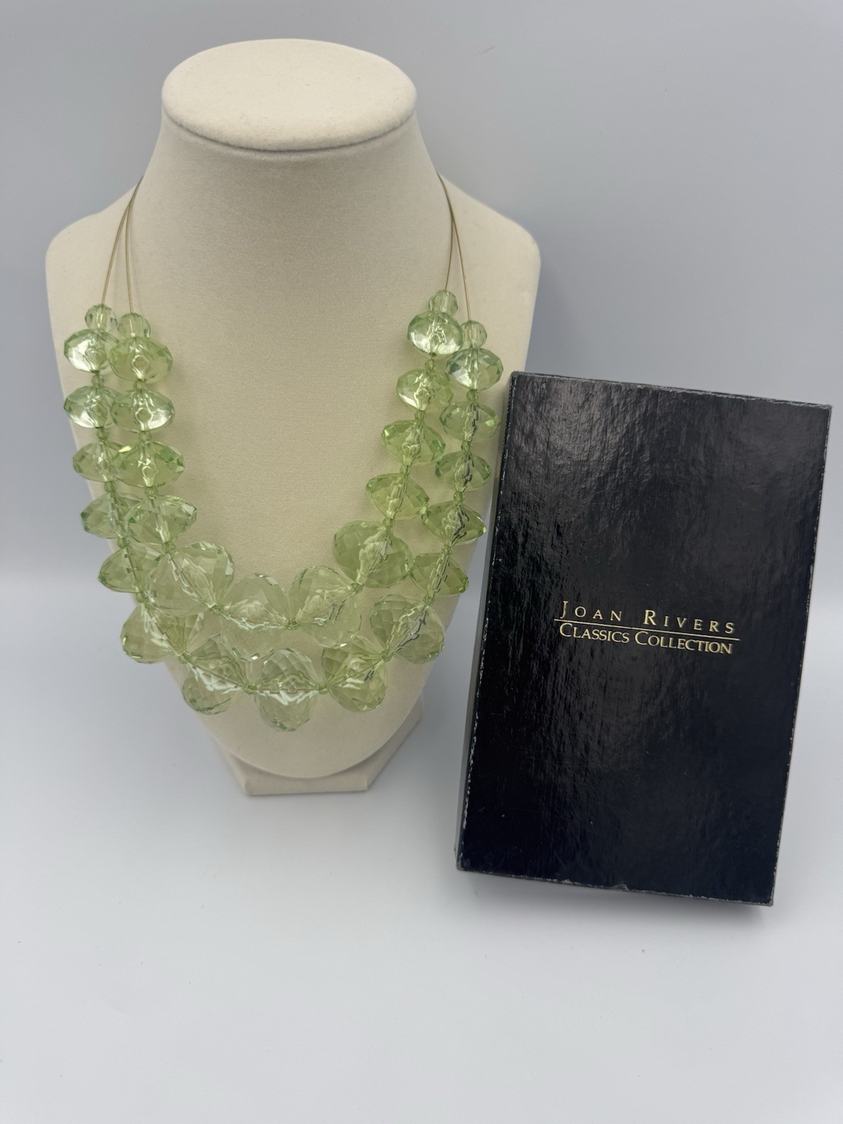 Vintage Joan Rivers Crystal Light Green Faceted Acrylic Double Strand Necklace