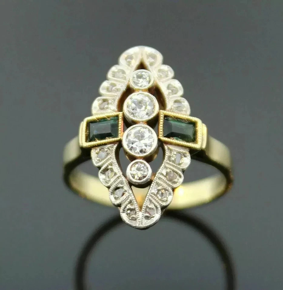 Art Deco Style Lab-Created Diamond & Sapphire Wedding 14k Yellow Gold FN Ring