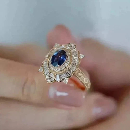 Art Deco Style Oval Sapphire & Lab Created Diamond Halo Wedding 14K Gold FN Ring