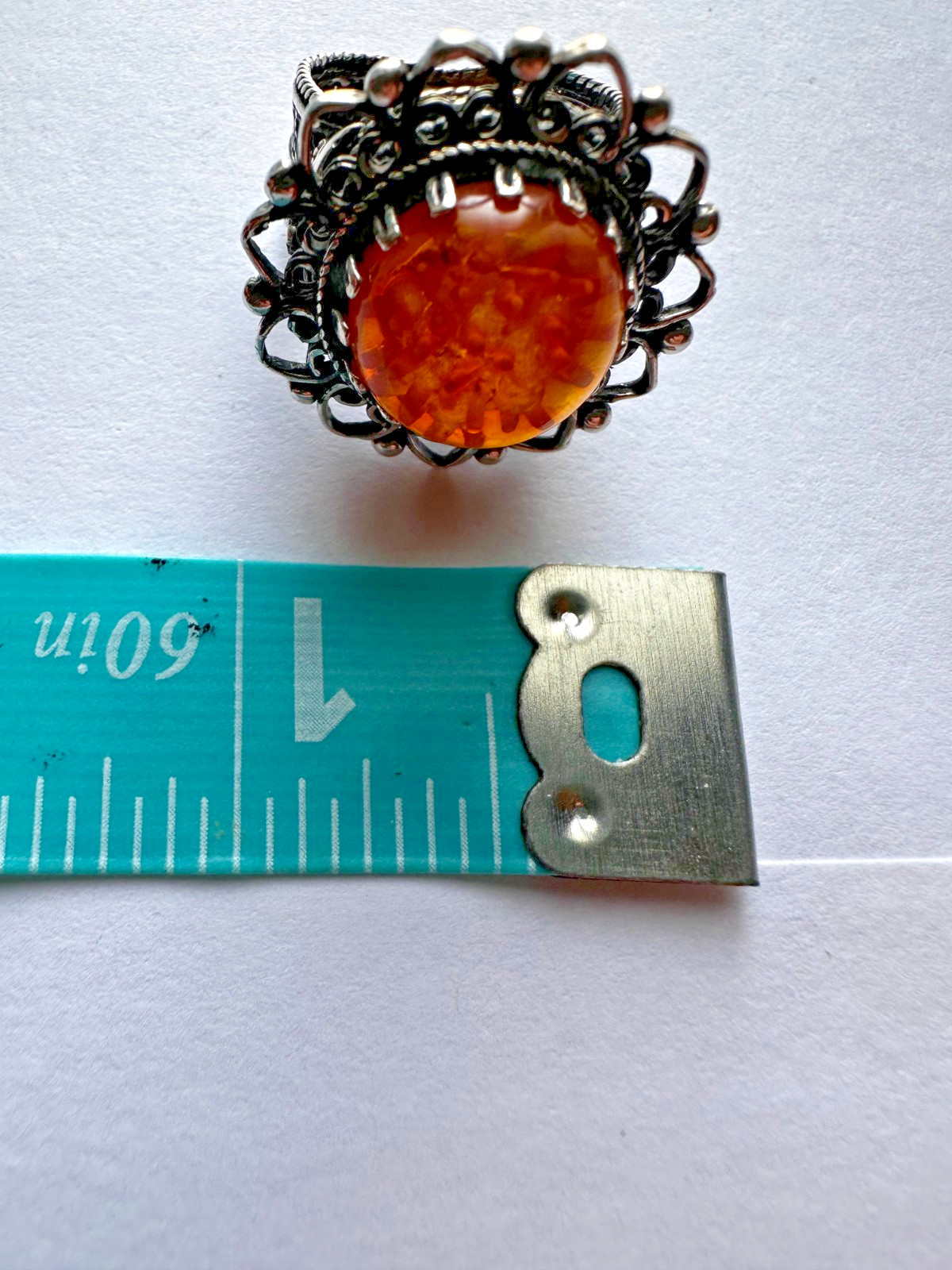 Vintage Silver Amber Flower Cabochon Filigree Statement Ring Size 5