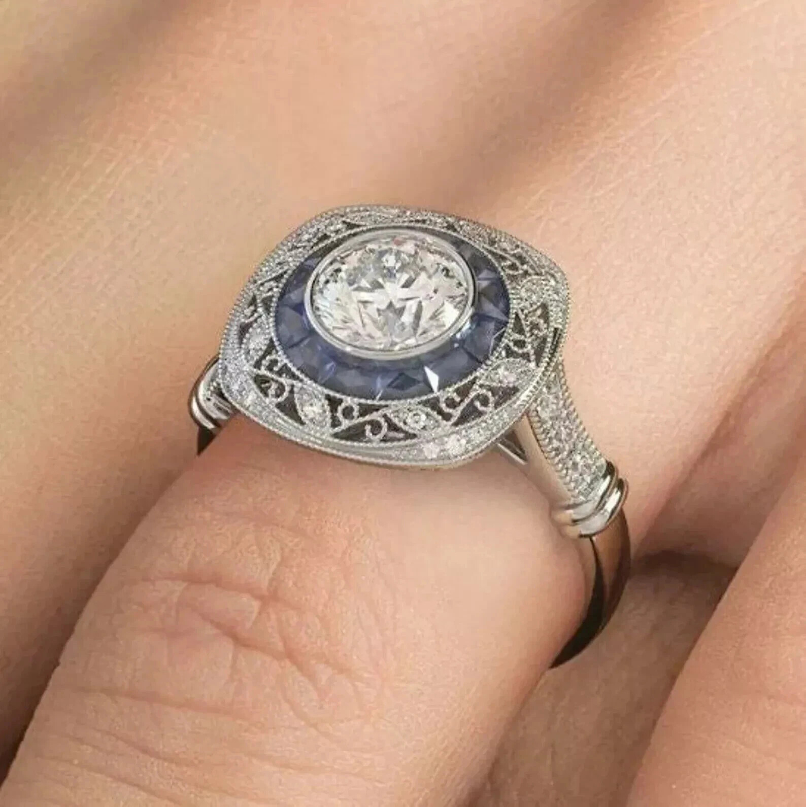 Art Deco Style Lab Created Diamond & Sapphire Wedding 14K White Gold Finish Ring