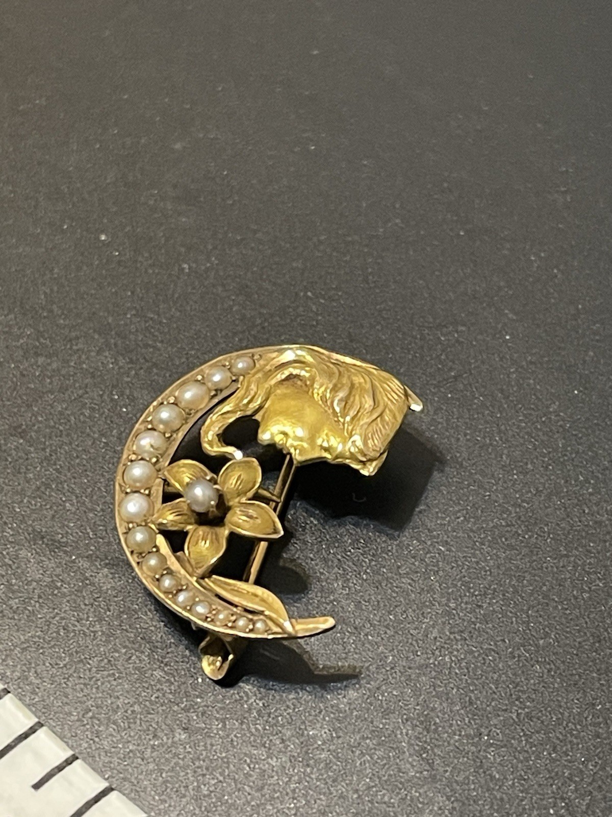 Vtg Brooch Pin Art Nouveau Deco 14K Gold Sees Pearl Woman Crescent Moon Flower