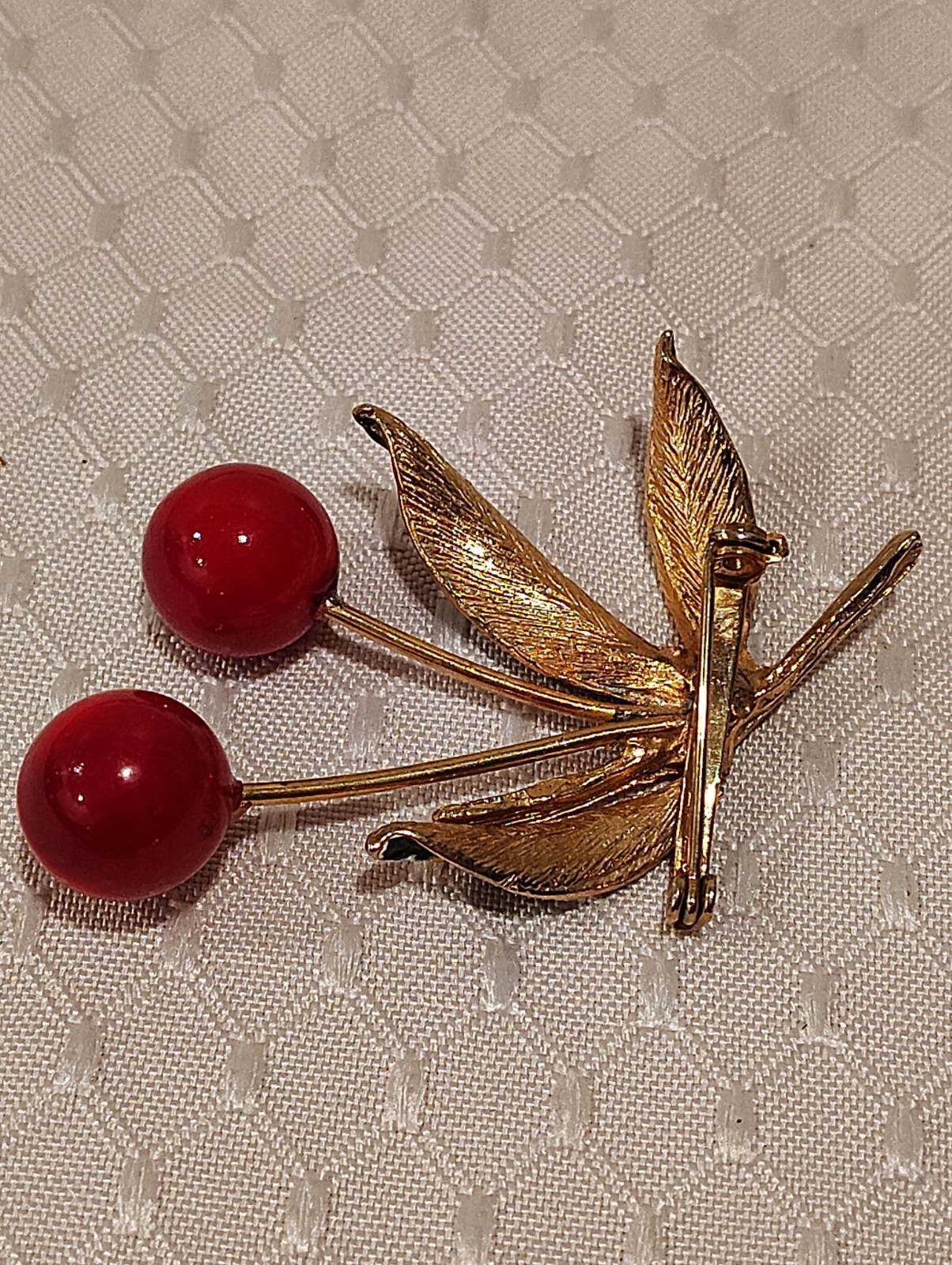 Vintage Enamel Cherry Berry Red Gold Green Leaves Branch Brooch Pin 2.5″ Long