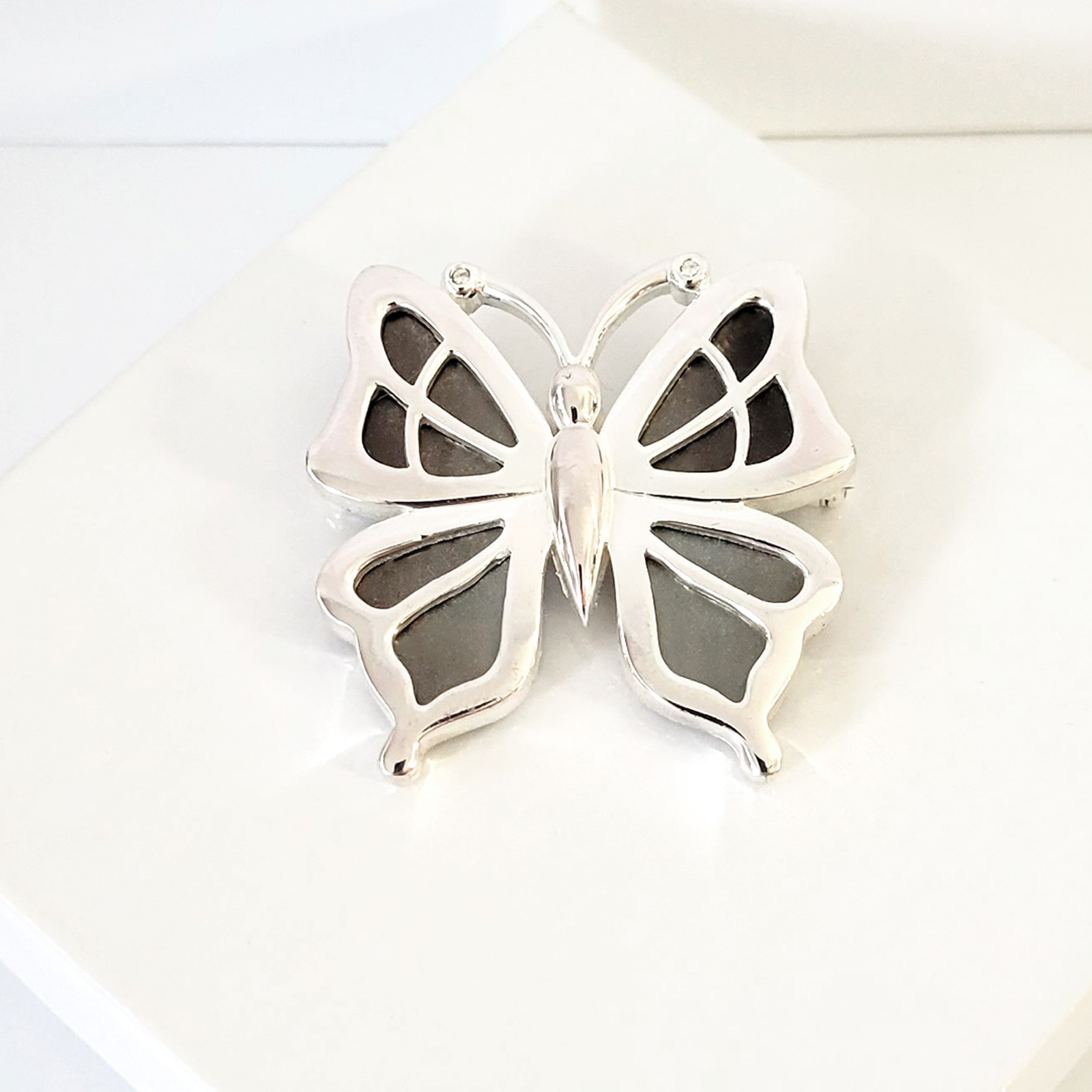 Silver Tone Butterfly Brooch Cut Out Brown MOP Pin 1 3/4 Ht