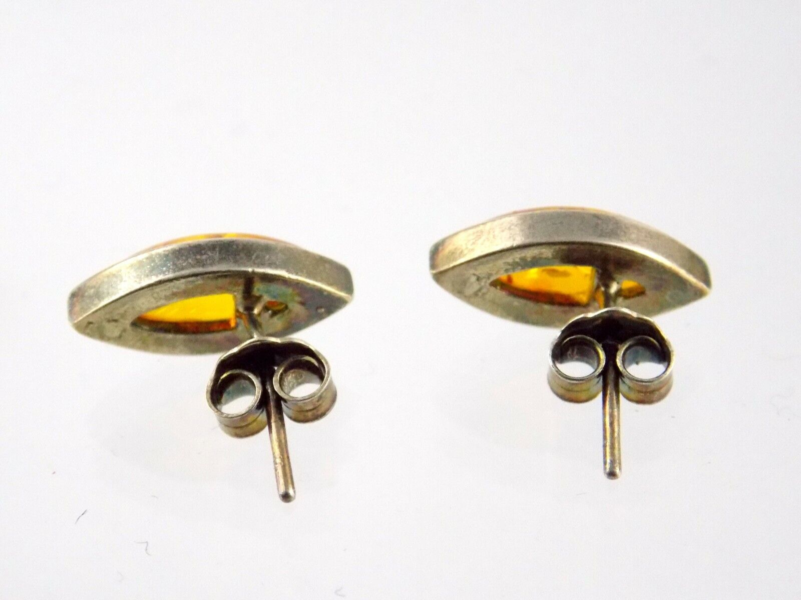 Sterling Silver Orange Amber Cabochon Stud Earrings .5 Inch Length 2.5g