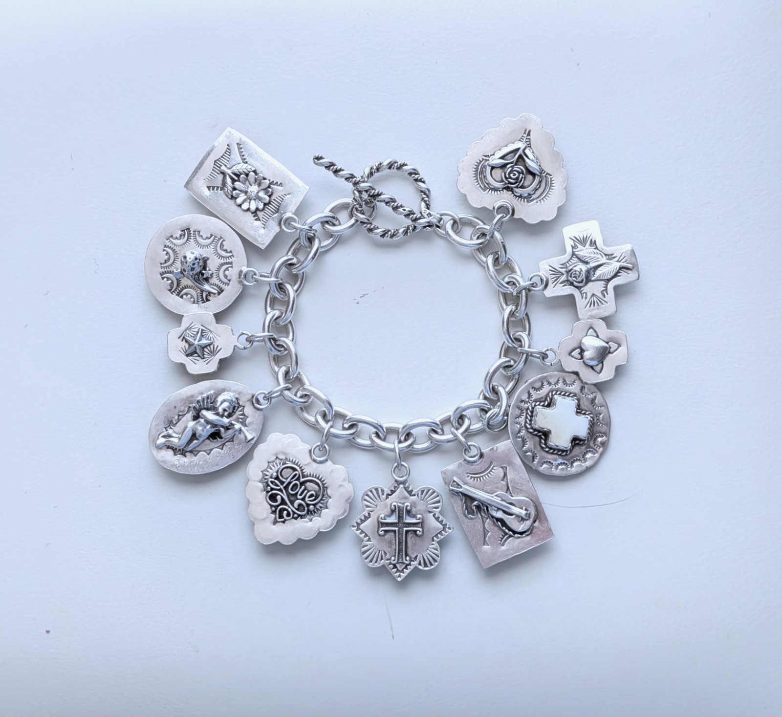Joan Slifka Sterling 925 Heart Angel Cross Love Luck Charm Two Sided Bracelet