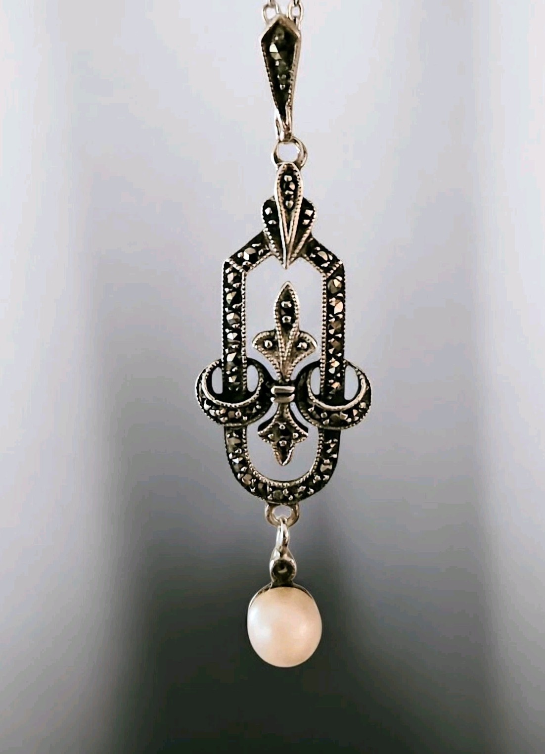 Antique Art Deco 935 Silver Marcasite & Pearl Pendant Necklace 18″, Pristine