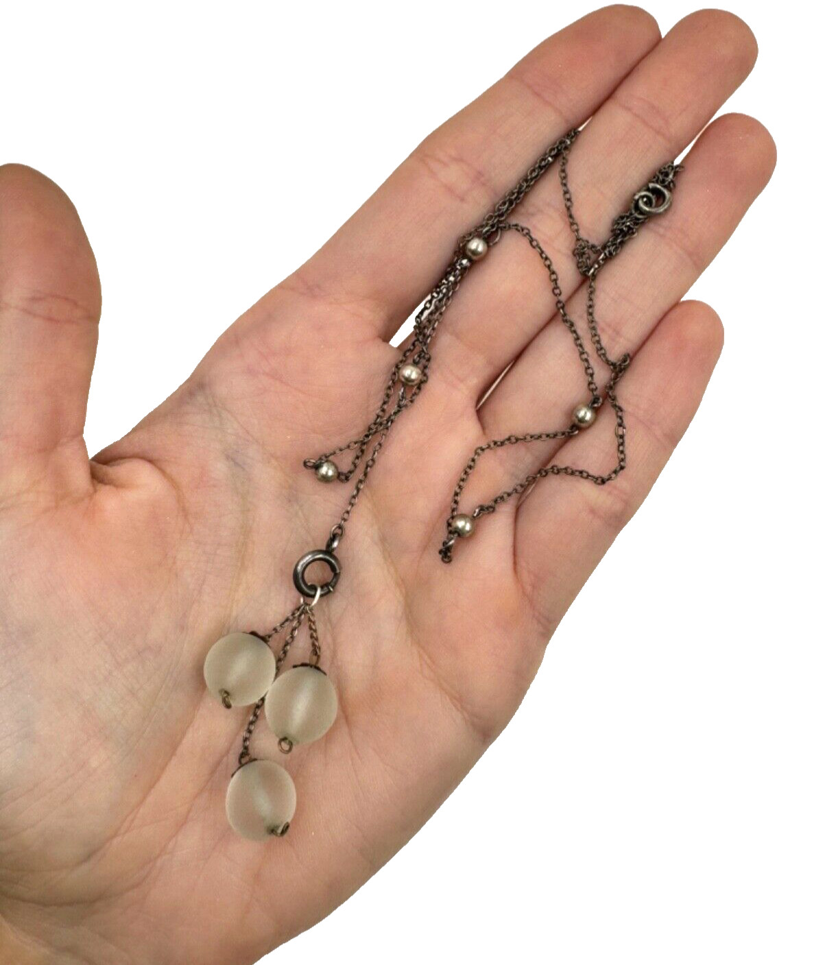 ANTIQUE EDWARDIAN OPALESCENT GLASS 3 ORBS DANGLES PENDANT STERLING SLVR NECKLACE