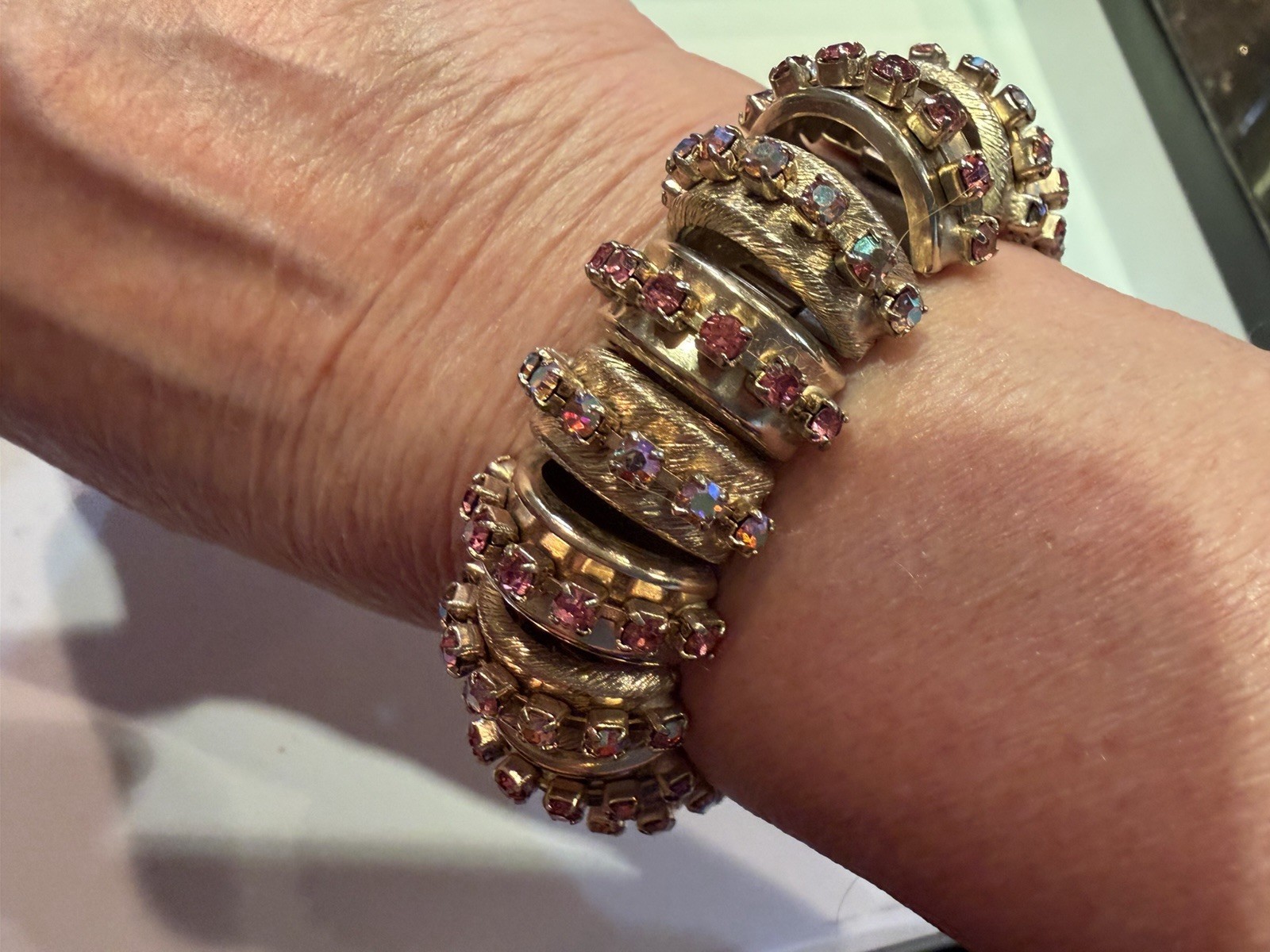 Signed Hobé Pink Aurora Borealis Rhinestone Parure Brooch Bracelet Earrings Hair