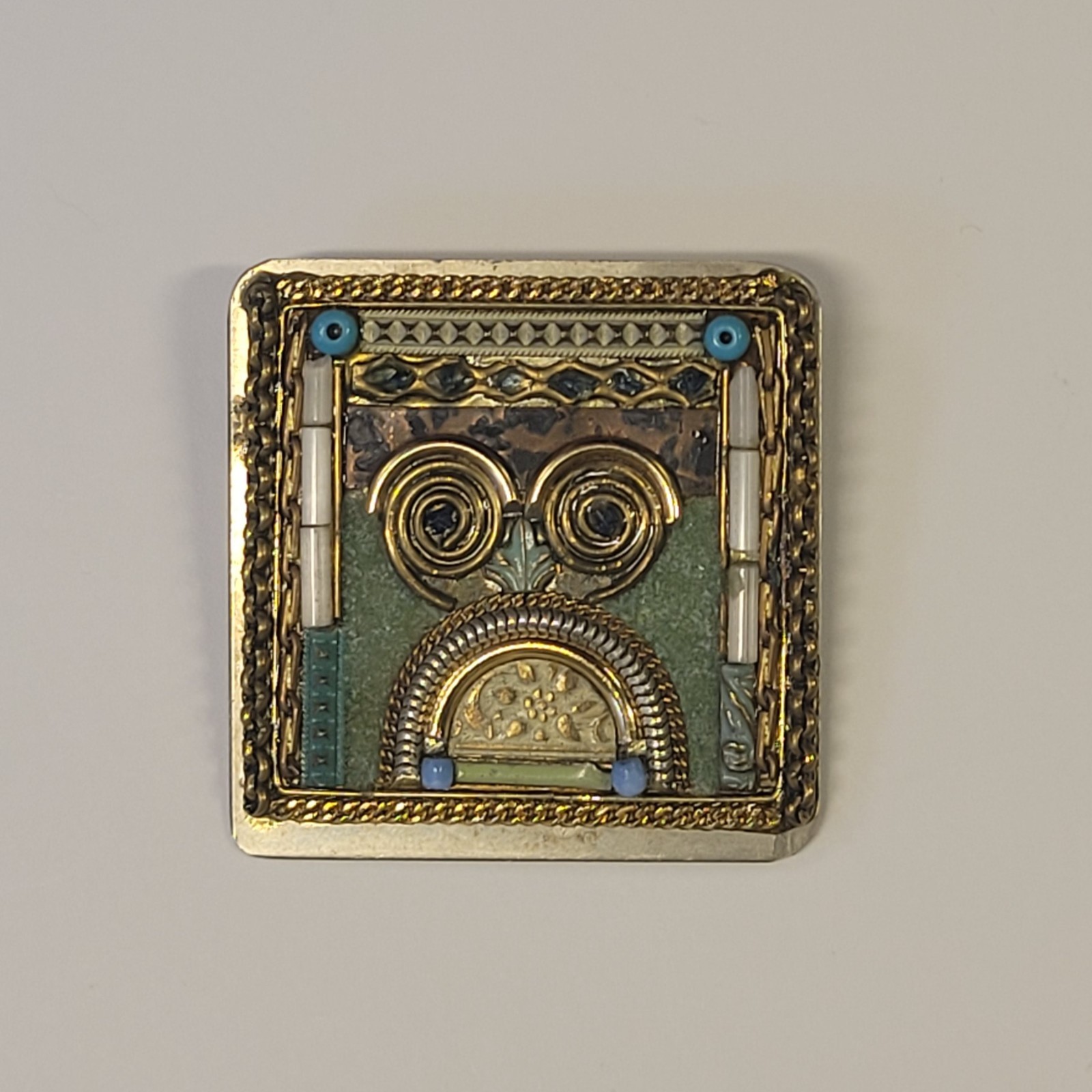 Abstract Wire Art Owl On Handcrafted Beaded Mixed Media Square Brooch Vintage