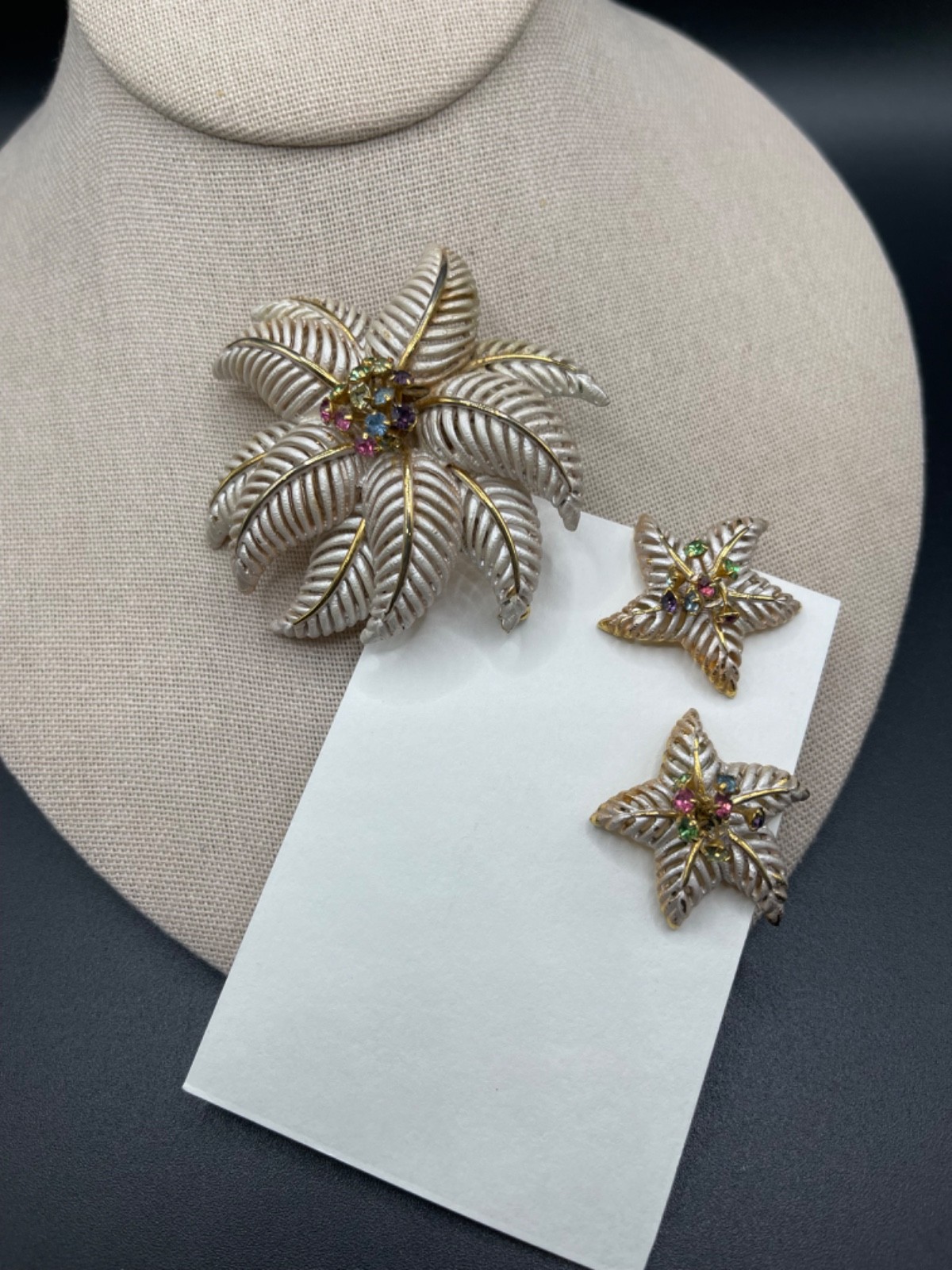 Vintage Gold Tone with Rhinestones Retro Brooch and Clip Earrings Set