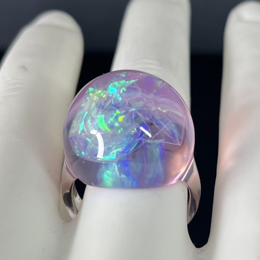 Pink Clear Lucite Dome Ring Size 7.75-8 Iridescent Opalescent Retro Moon Ring