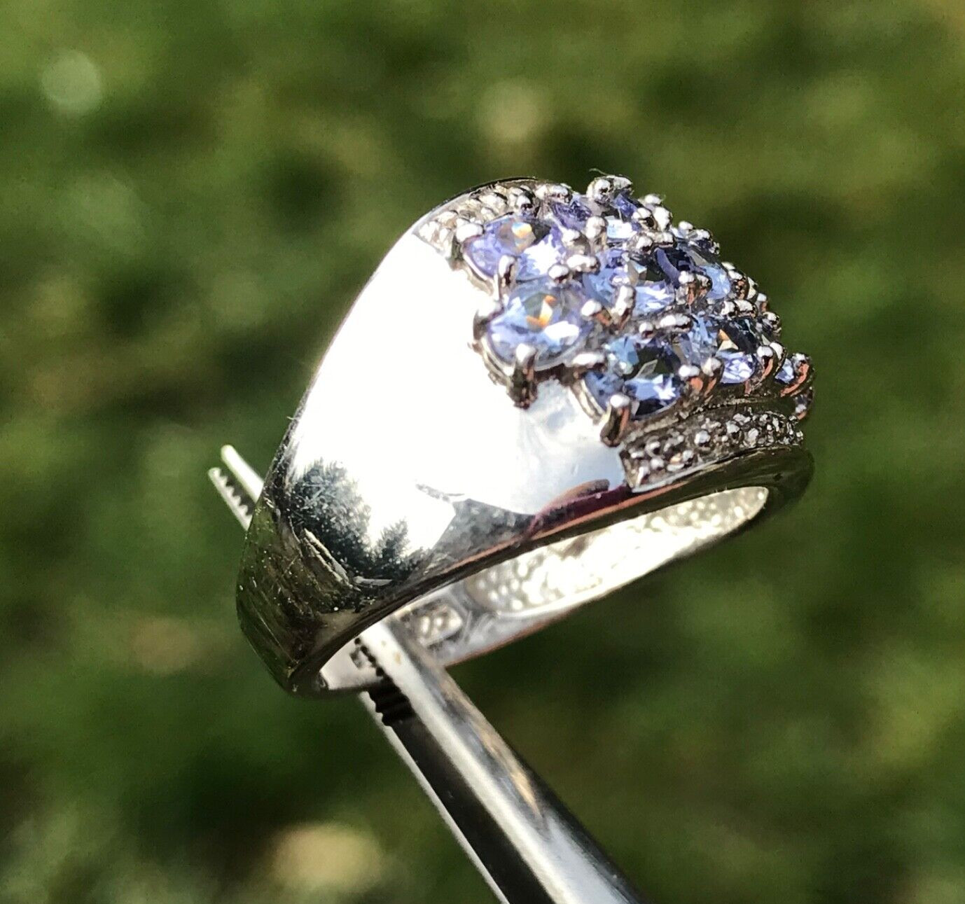 TANZANITE Ring 925 Dome Sterling Silver Cluster 3 row Faceted Zircon SGR VTG sz7