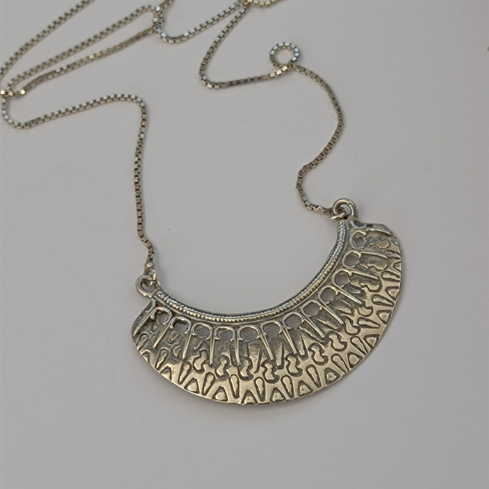 Vintage Sterling Silver Moon Crescent Necklace Ethnic Folk Inspired Engraved Bib