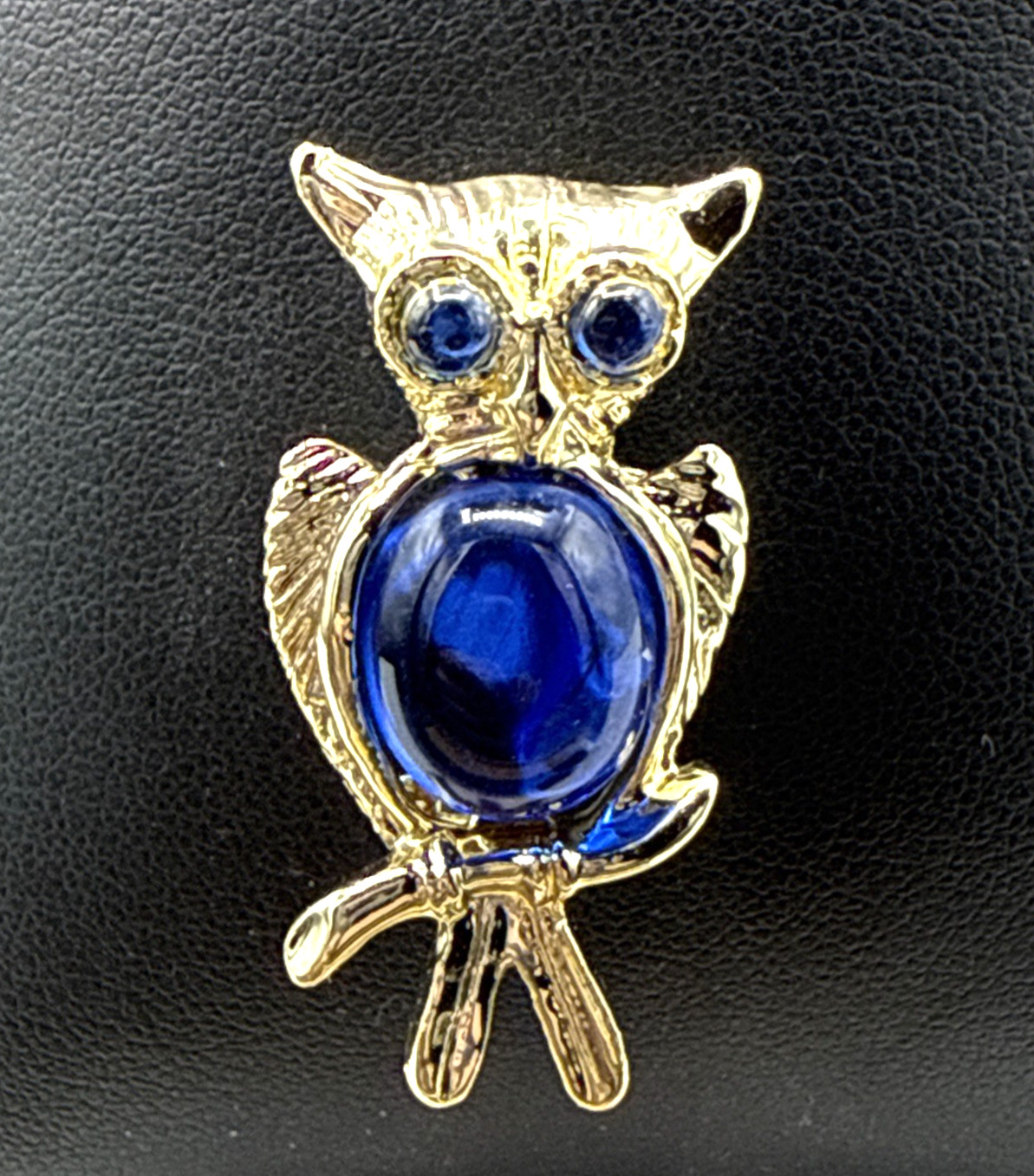 Vintage Brooch Jelly Belly Owl Blue Rhinestone Eyes Gold Tone Bird Pin