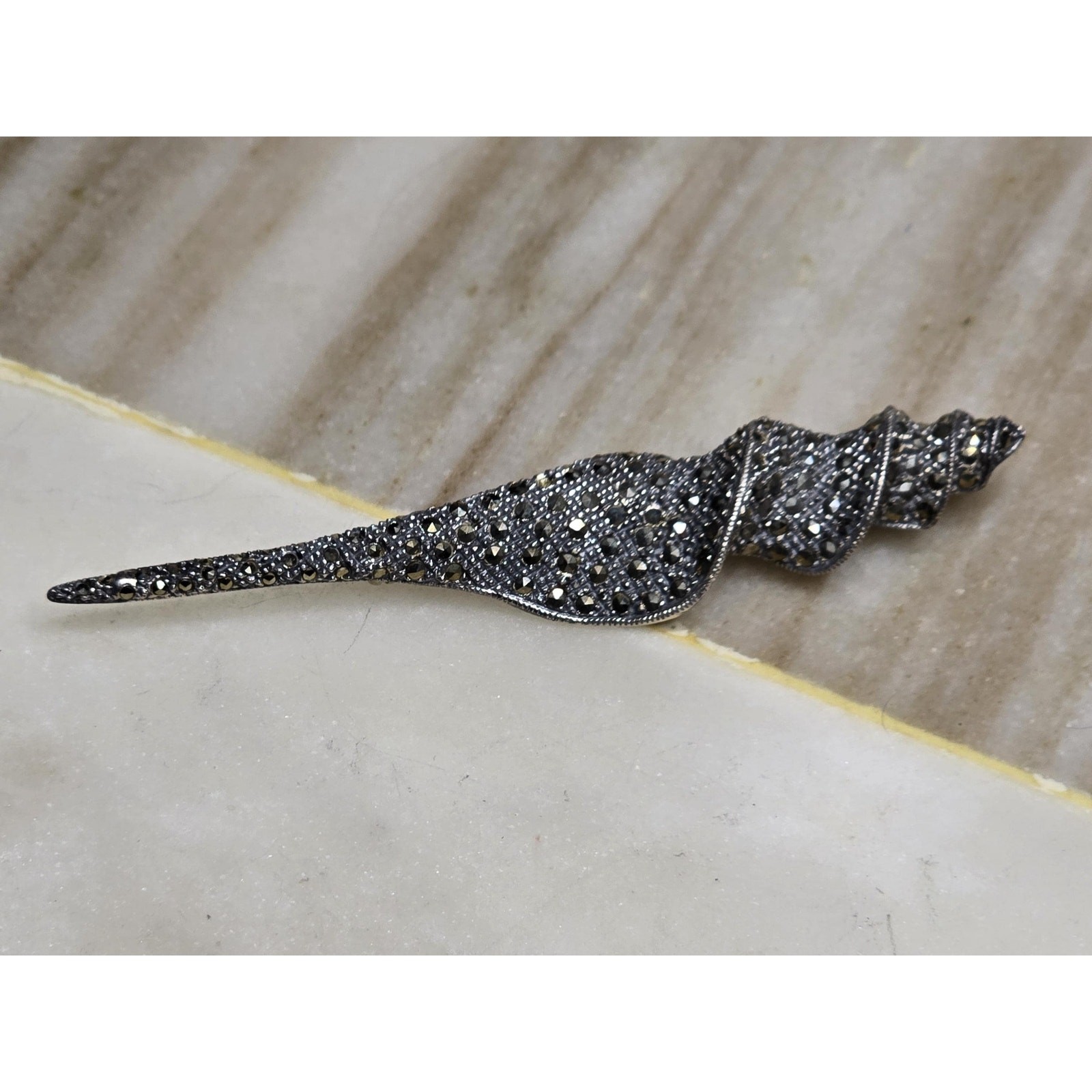 Vintage Sterling Marcasite Shell Brooch