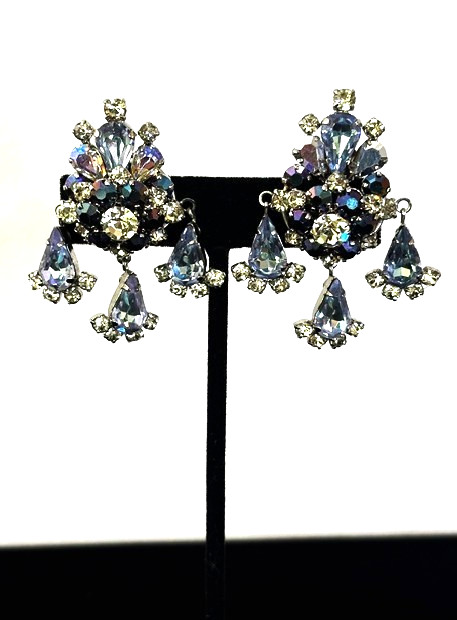 Fabulous Vintage Silver Tn BLUE AB Rhinestone Cluster Drop Clip Earrings AUSTRIA