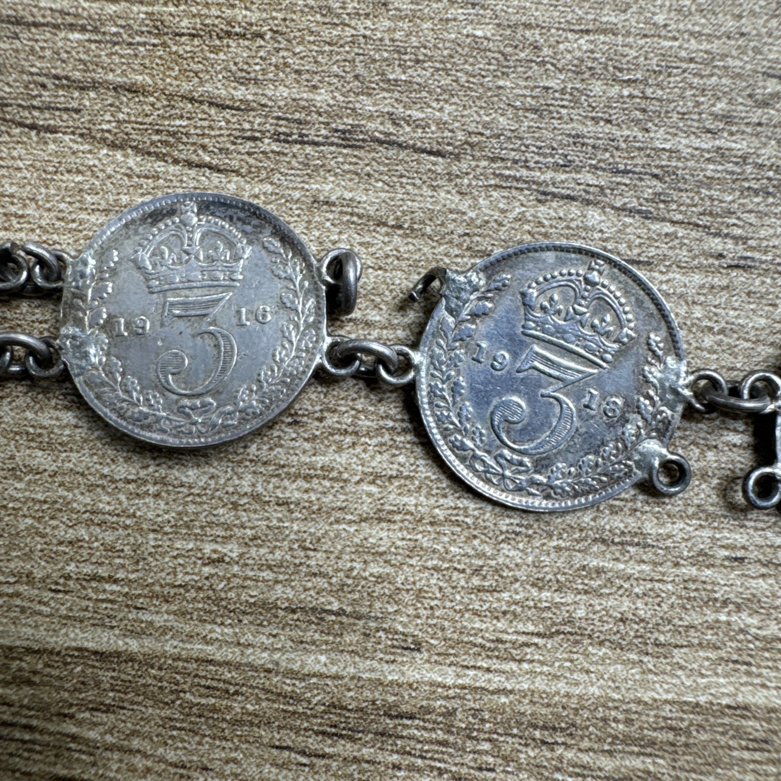 Antique British 3 Pence Sterling Silver 8 Coin Bracelet 1906 – 1921 King George