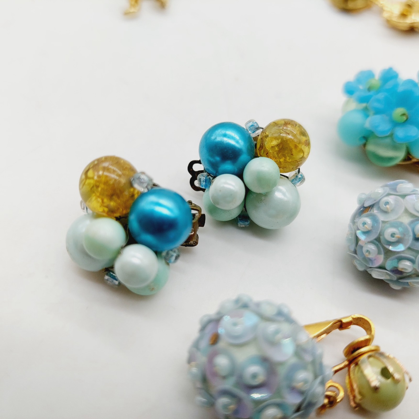 Blue Plastic Clip Earrings Hong Kong & Japan Set Of 3 Fabic Metal