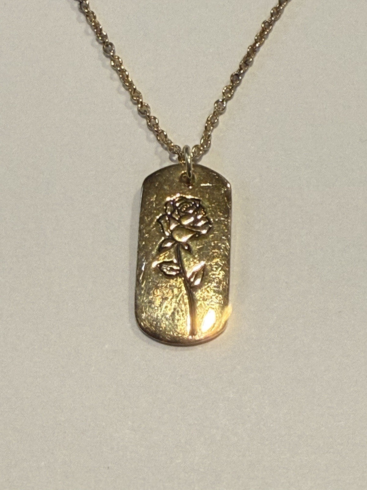 Vintage Sterling Forever Rose Pendant Necklace Gold Tone Dog Tag 18″ Adjustable