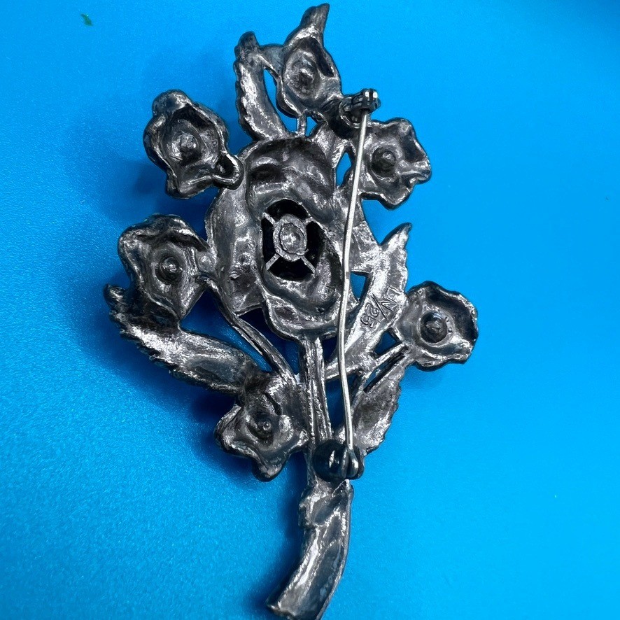 Vintage Little Nemo Large Pot Metal Brooch Blue Rhinestones Floral 3.25″ LN/25