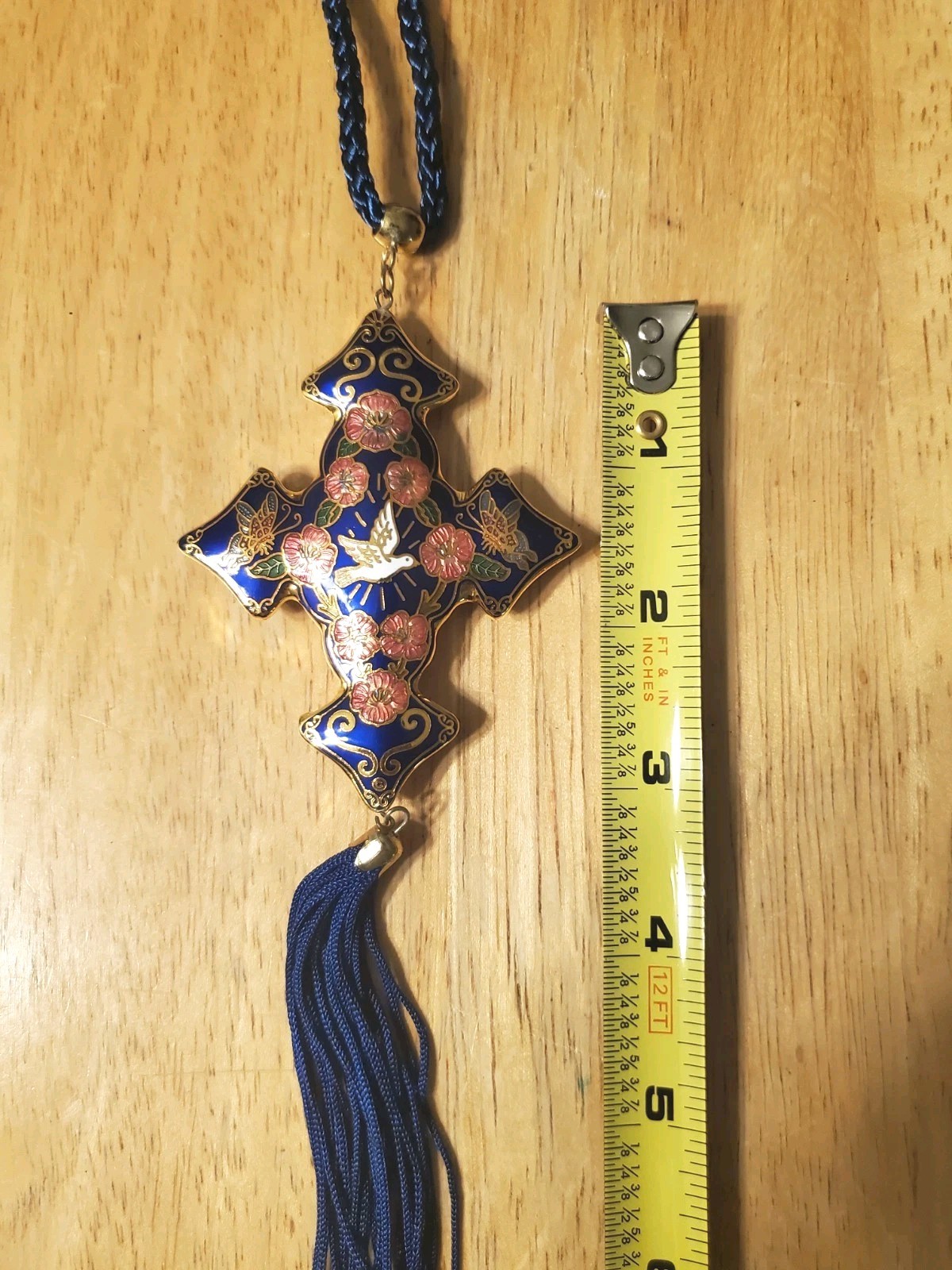 Vintage Cloisonne Cross Pendant Deep Blue with Goldtone Trim, 54.1 Grams Heavy