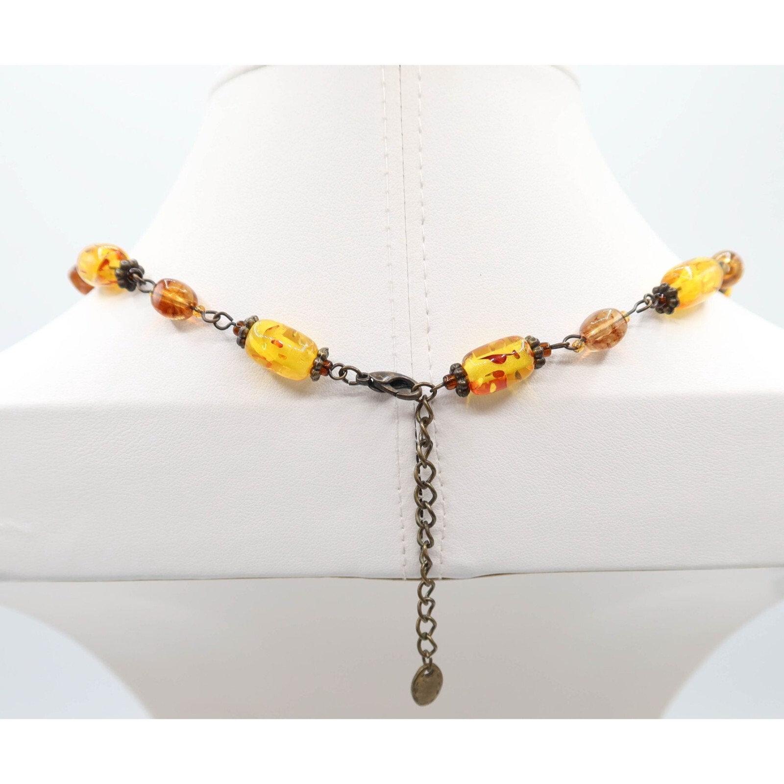 Faux Amber Bead & Antiqued Brass Choker Fashion Necklace 19″ Unsigned