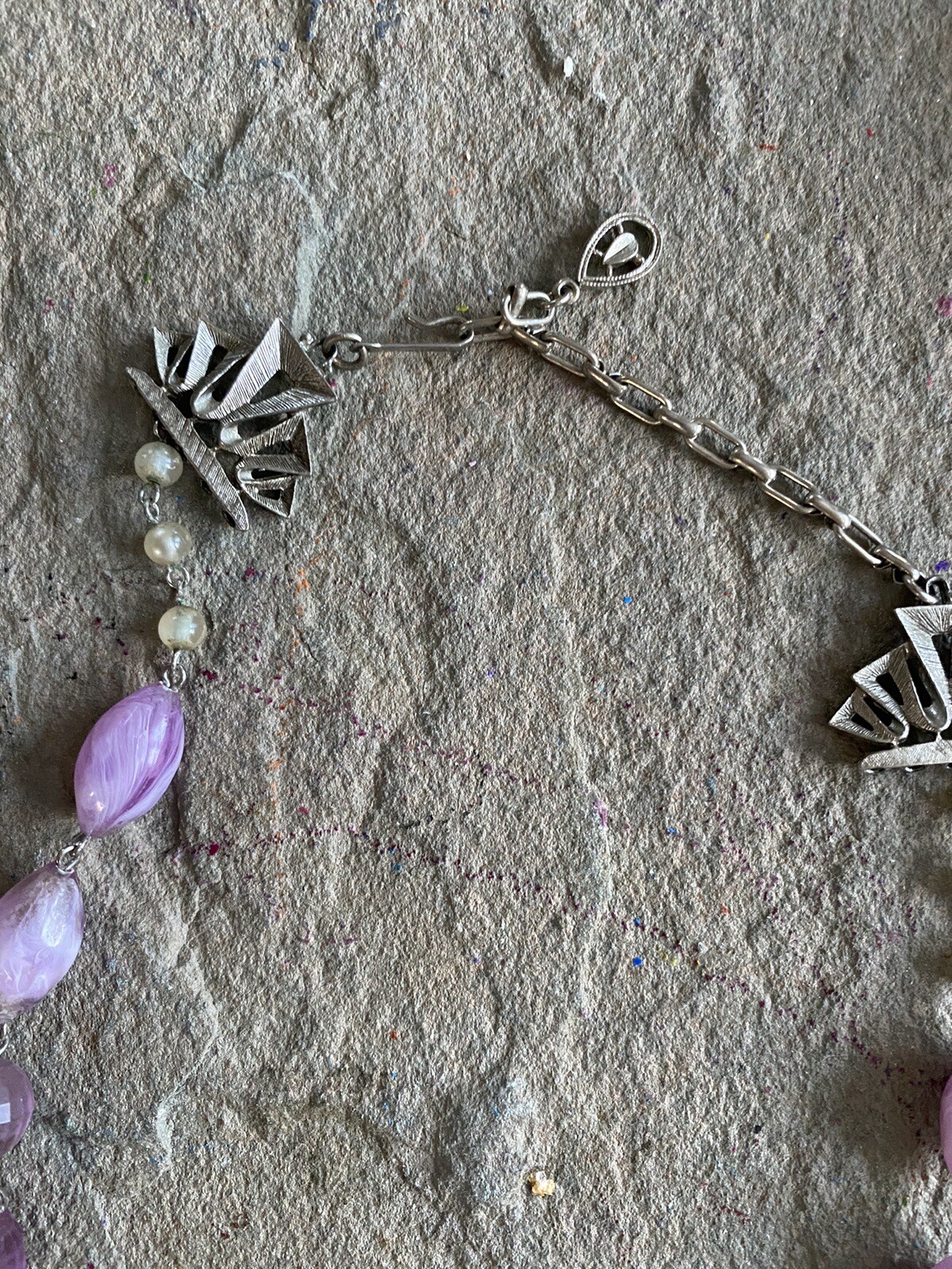 Vintage Necklace Beaded Lavender Lilac Pearl Faceted Silver Tone