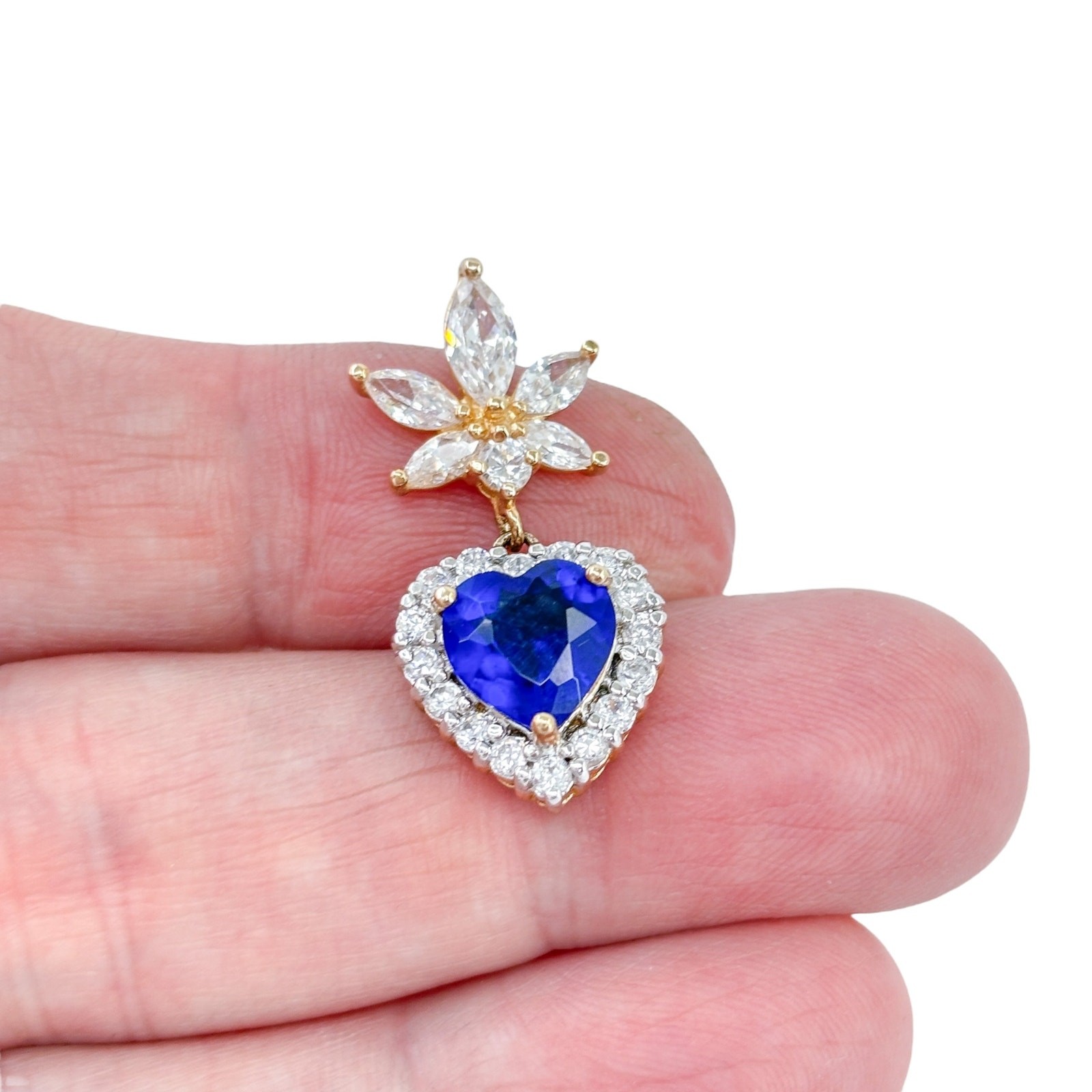 Vintage Gold-Plated Sterling Silver 925 White Blue Heart Cubic Zirconia Pendant