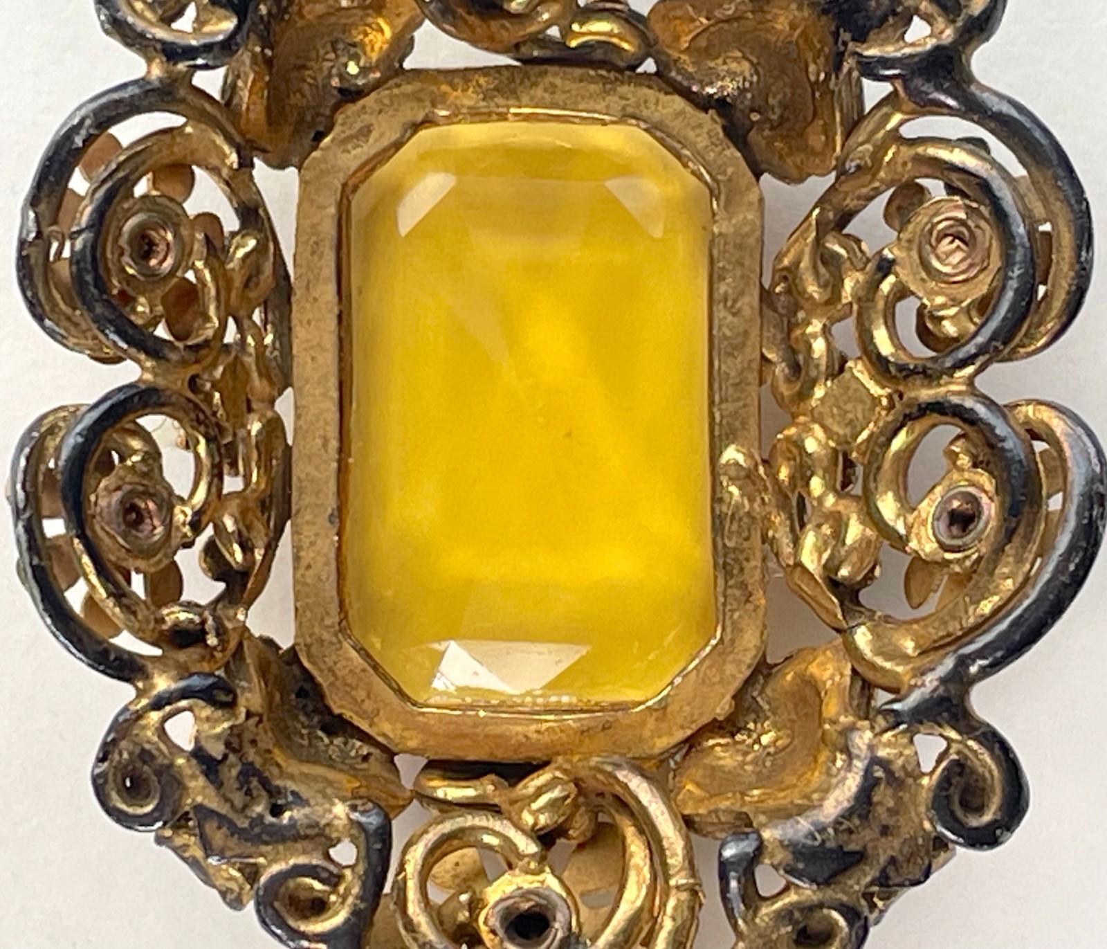Victorian Clip Brooch | Massive Faux Citrine in Goldtone Metal – Astonishing!