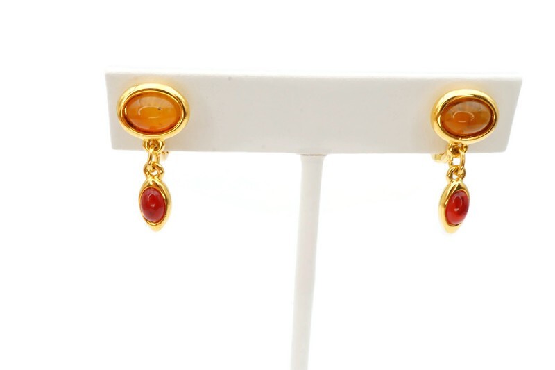Vintage Monet Clip On Earrings Gold Tone Cabochon