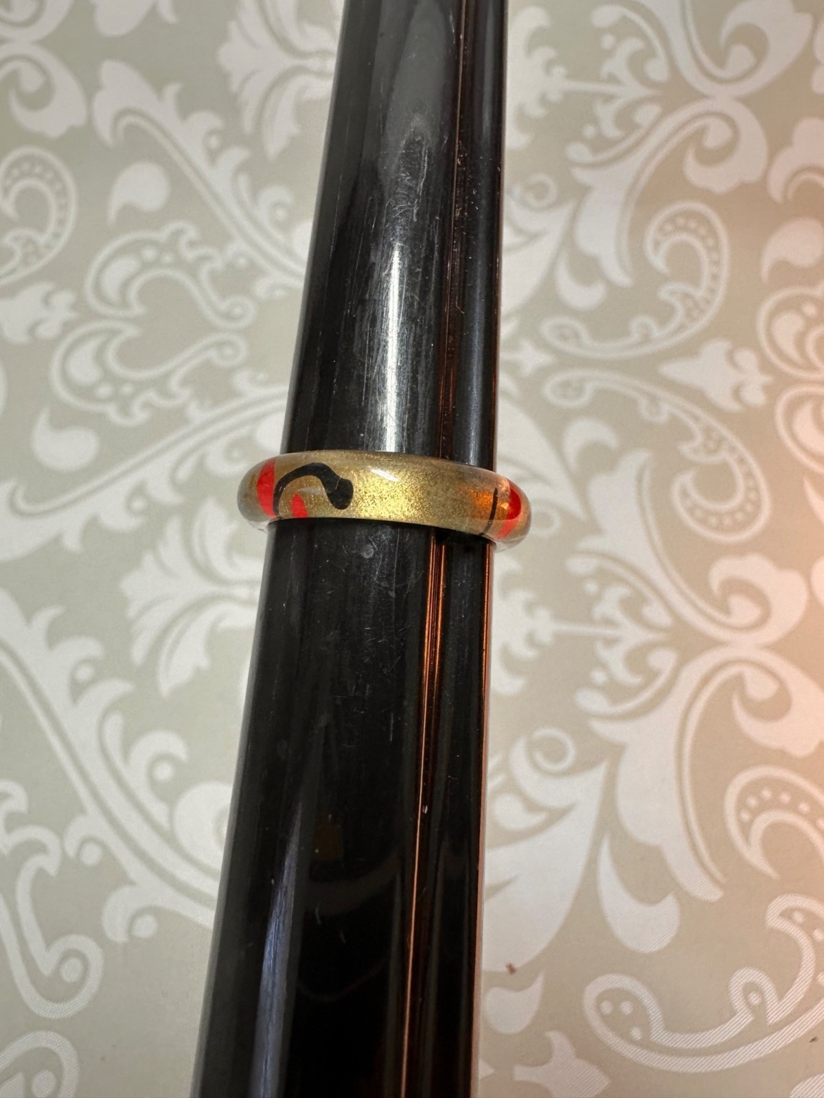 Thin Lucite Band Ring Red and Black Abstract Design Size 7.5