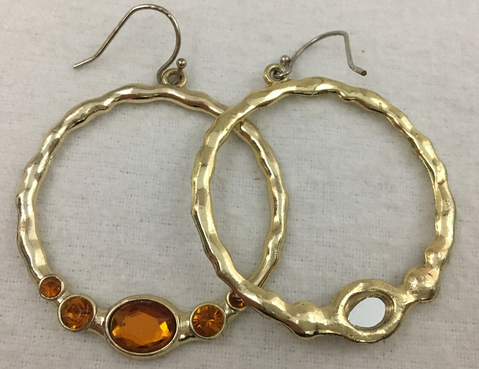 2 Pair VTG AVON Dangling Hoop Earrings GoldTone With Orange Clear Rhinestones