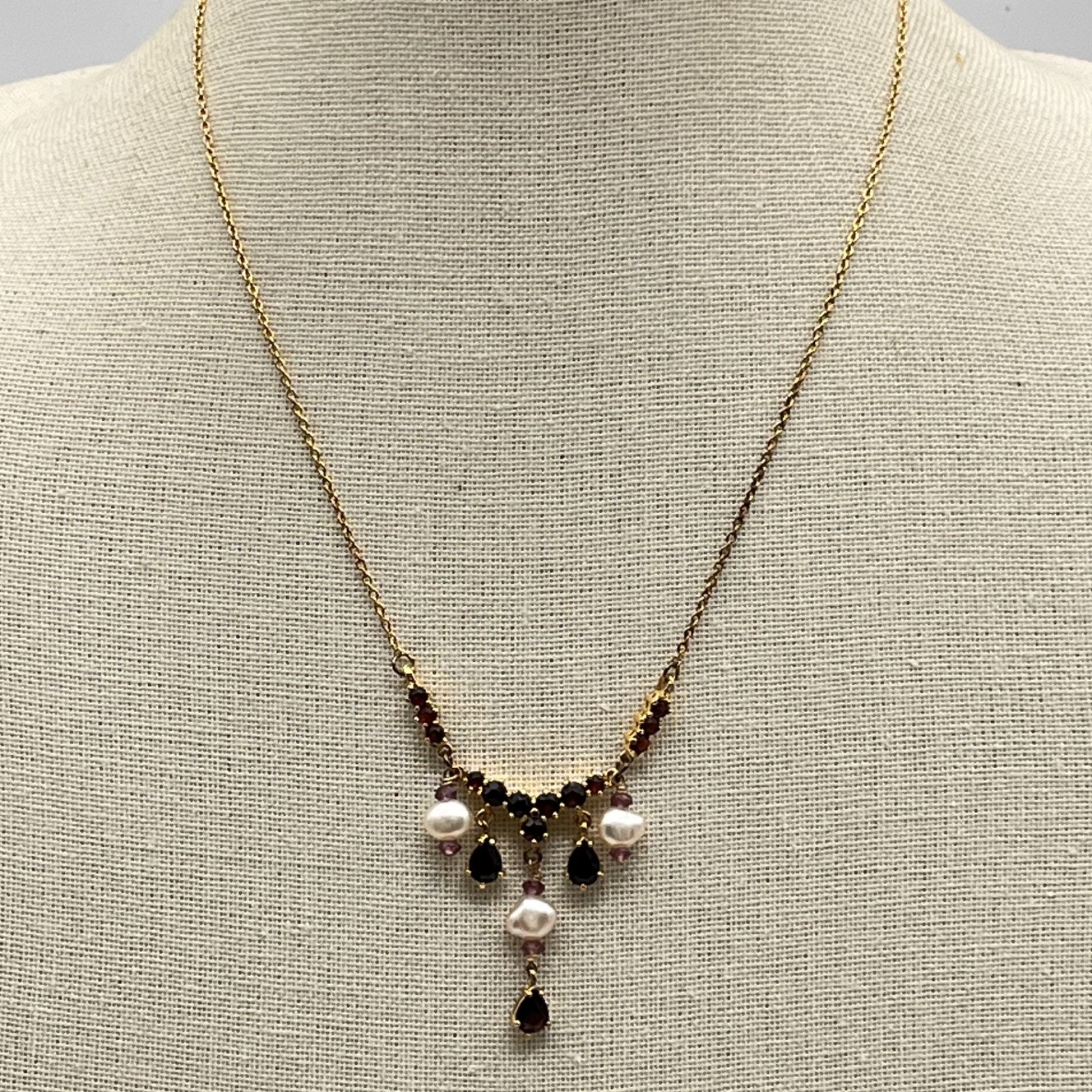 Vintage Festoon Necklace Garnet Baroque Pearl Sterling Silver 18″
