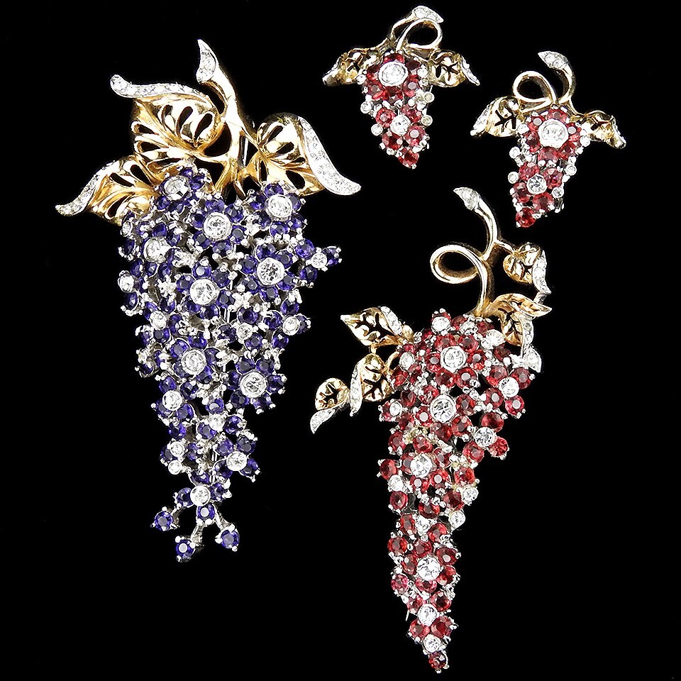 Reja Gold Pave Flowers Set 2 pins lg Amethyst sml Ruby Wisteria Pins, & Earrings